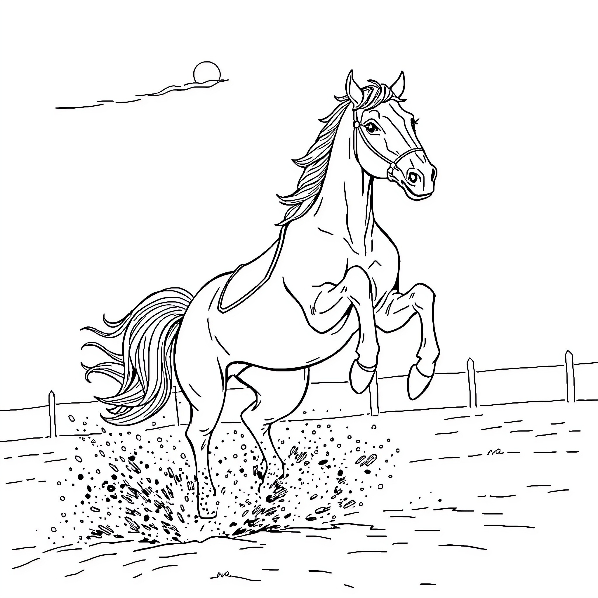 Horse galloping freely in the field Coloring Page (free black-and-white line drawing printable PDF for all, from beginners to advanced learners, including children, teens, adults, and seniors)