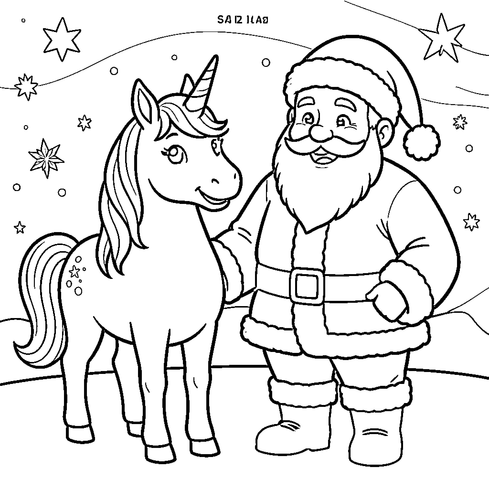 Unicorn standing next to a smiling Santa Claus Coloring Page (free black-and-white line drawing printable PDF for all, from beginners to advanced learners, including children, teens, adults, and seniors)