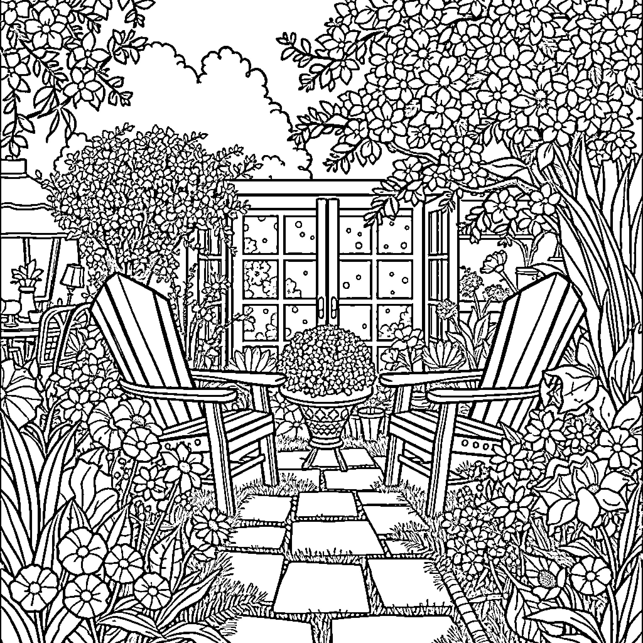 Garden Sanctuary: A Tranquil Outdoor Retreat Coloring Page (free black-and-white line drawing printable PDF for all, from beginners to advanced learners, including children, teens, adults, and seniors)