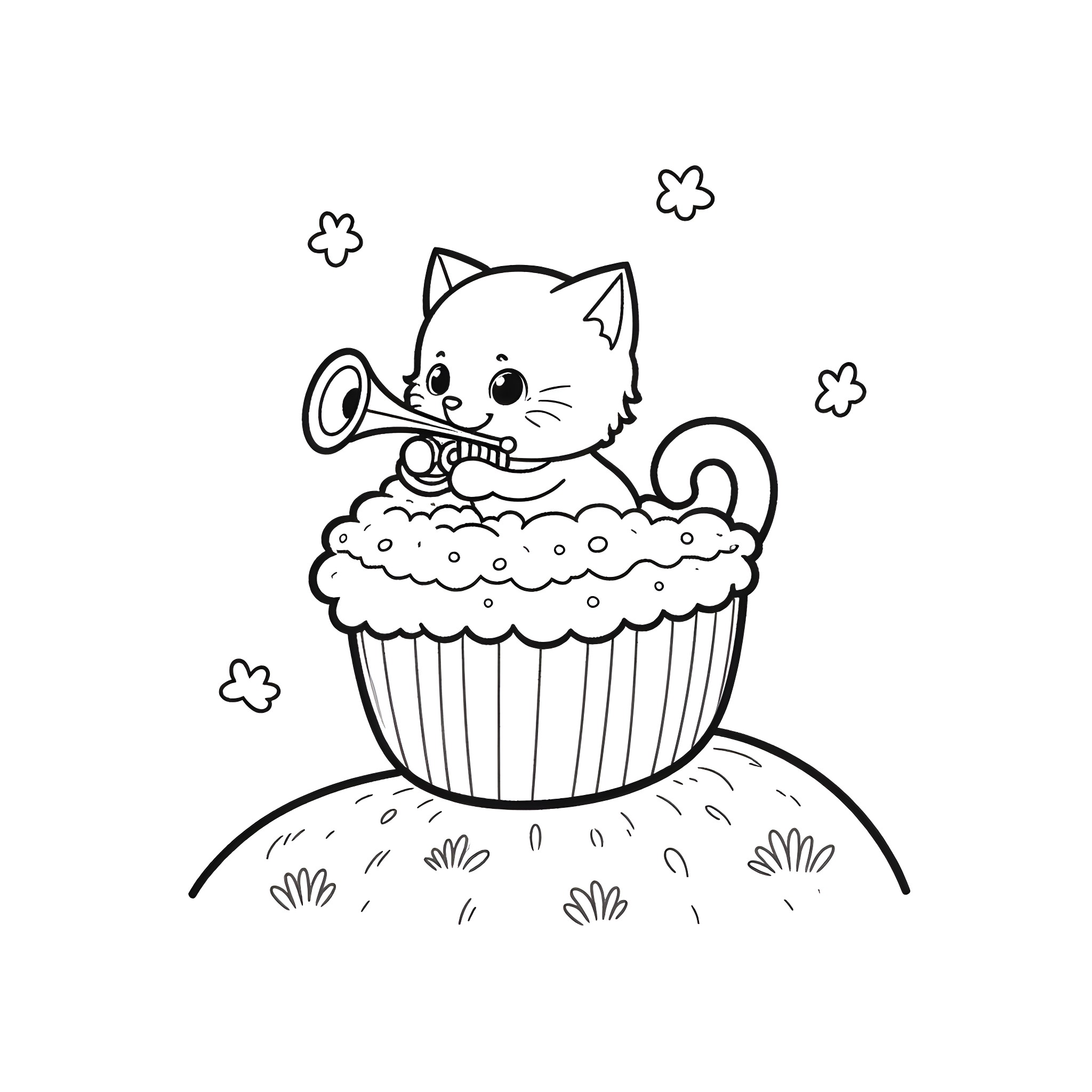 Kitten playing in a cupcake Coloring Page (free black-and-white line drawing printable PDF for all, from beginners to advanced learners, including children, teens, adults, and seniors)