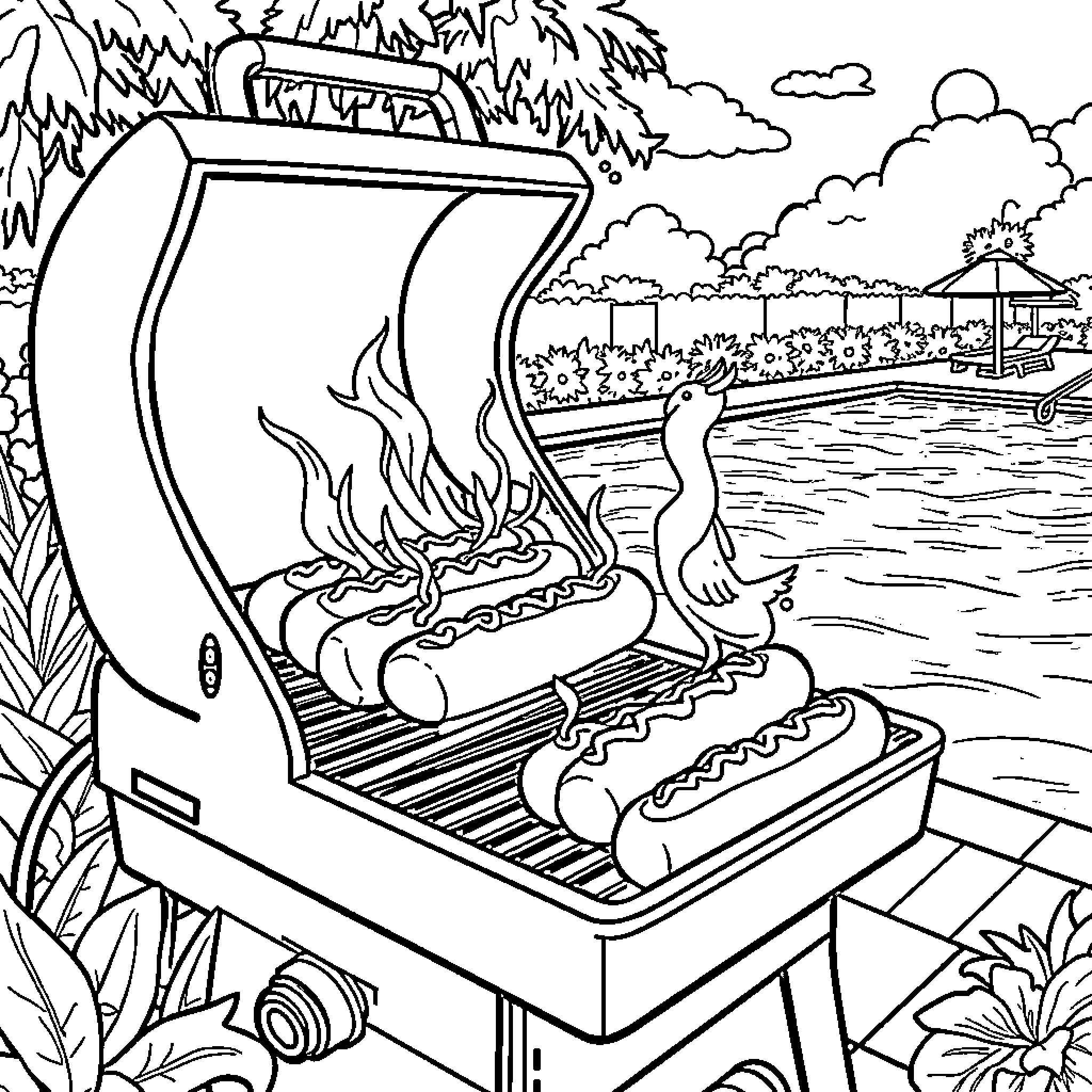 Hotdog BBQ grill in the park Coloring Page (free black-and-white line drawing printable PDF for all, from beginners to advanced learners, including children, teens, adults, and seniors)
