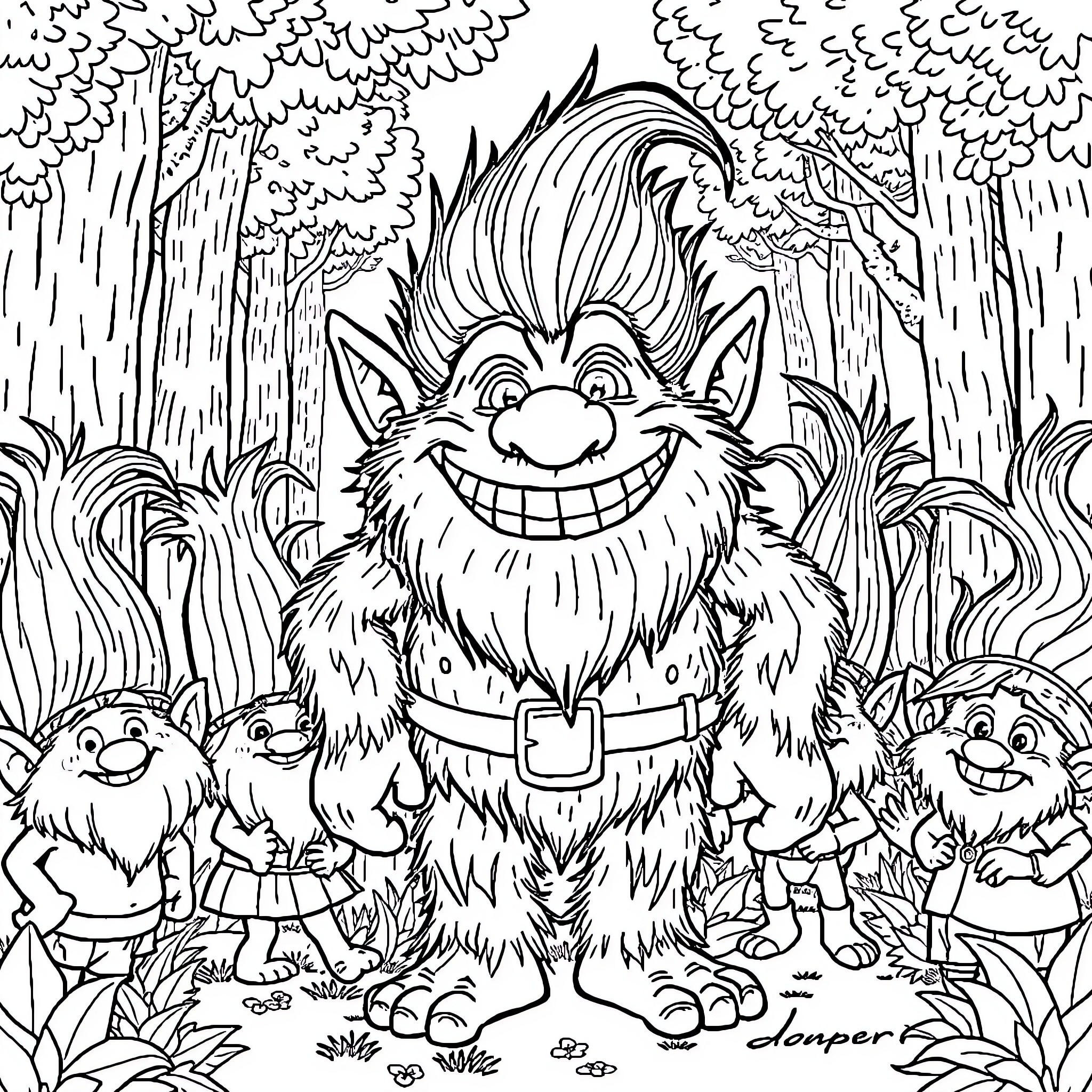 Cooper's Fuzzy Friends in the Magical Forest Coloring Page (free black-and-white line drawing printable PDF for all, from beginners to advanced learners, including children, teens, adults, and seniors)