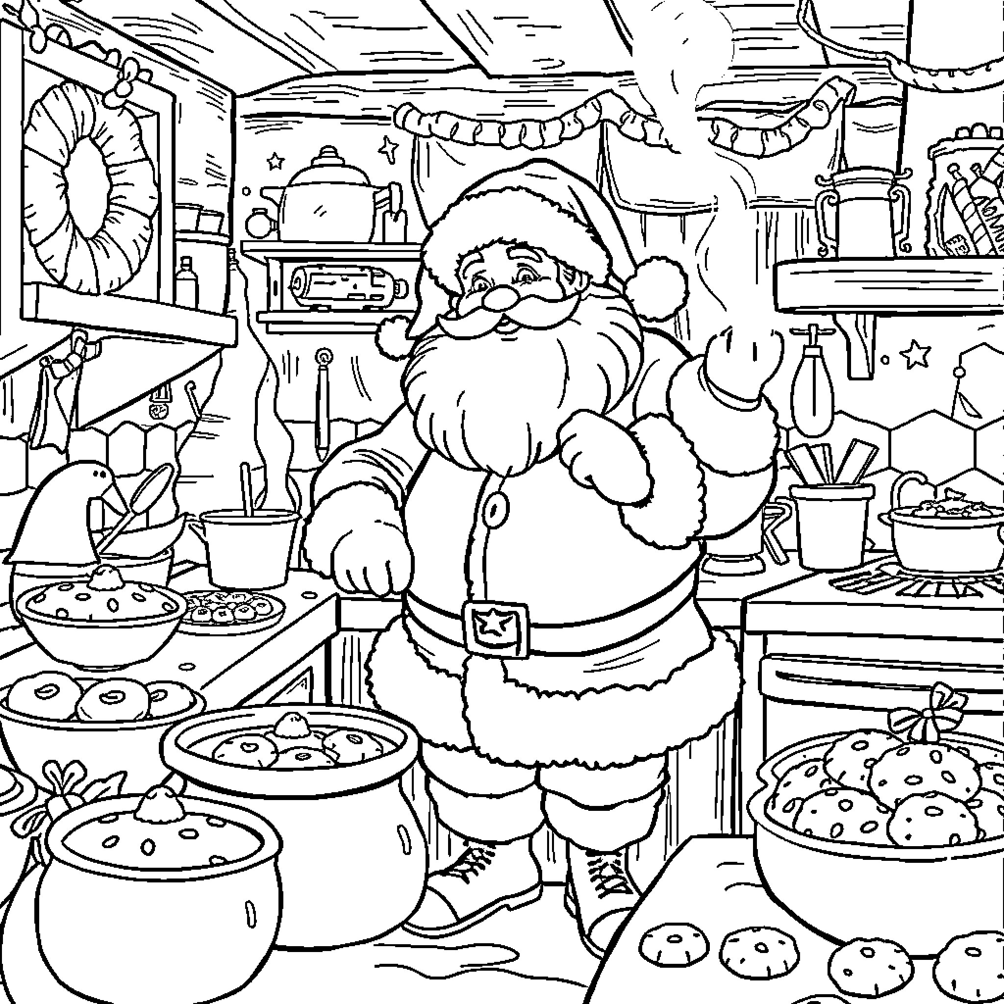 Santa Claus preparing Christmas treats in the kitchen Coloring Page (free black-and-white line drawing printable PDF for all, from beginners to advanced learners, including children, teens, adults, and seniors)