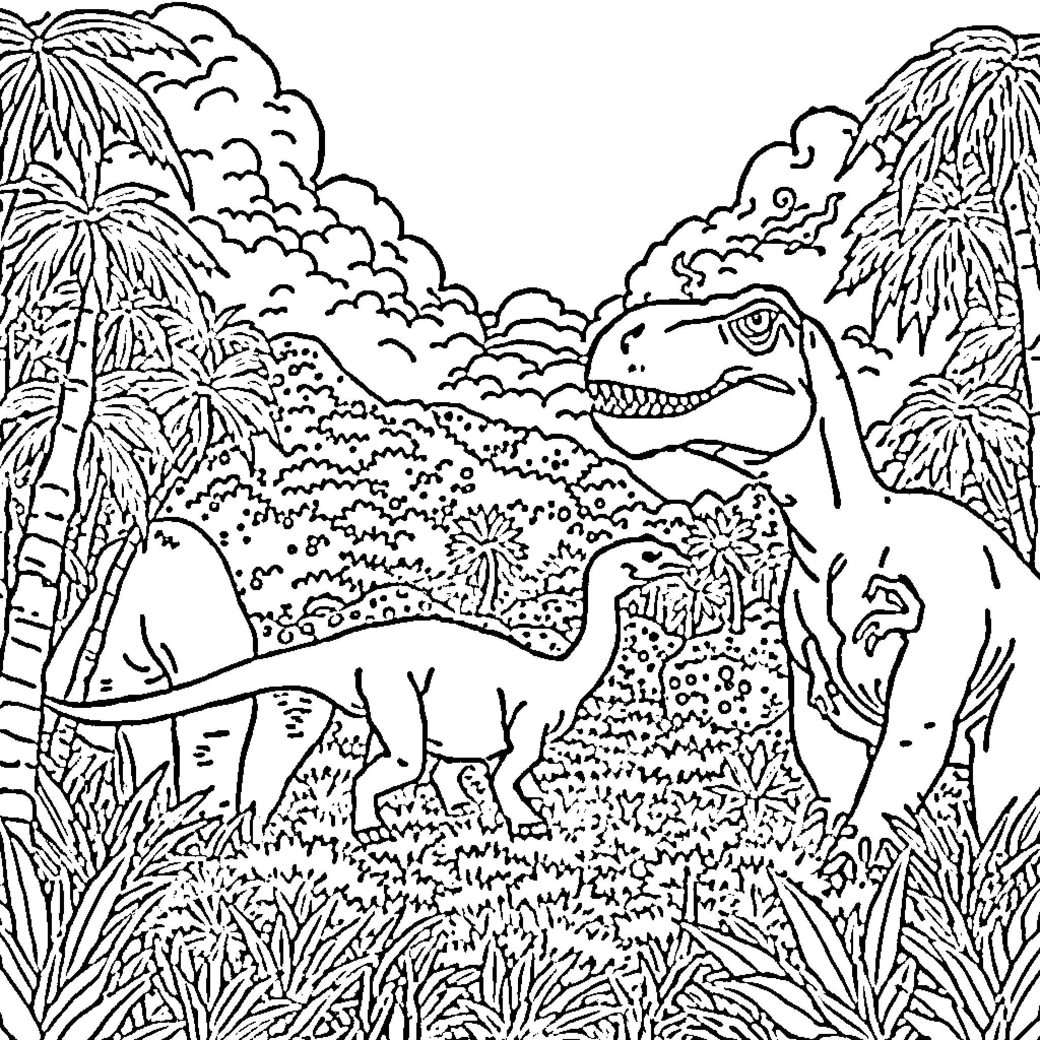 Dinosaur exploring lush prehistoric landscape Coloring Page (free black-and-white line drawing printable PDF for all, from beginners to advanced learners, including children, teens, adults, and seniors)