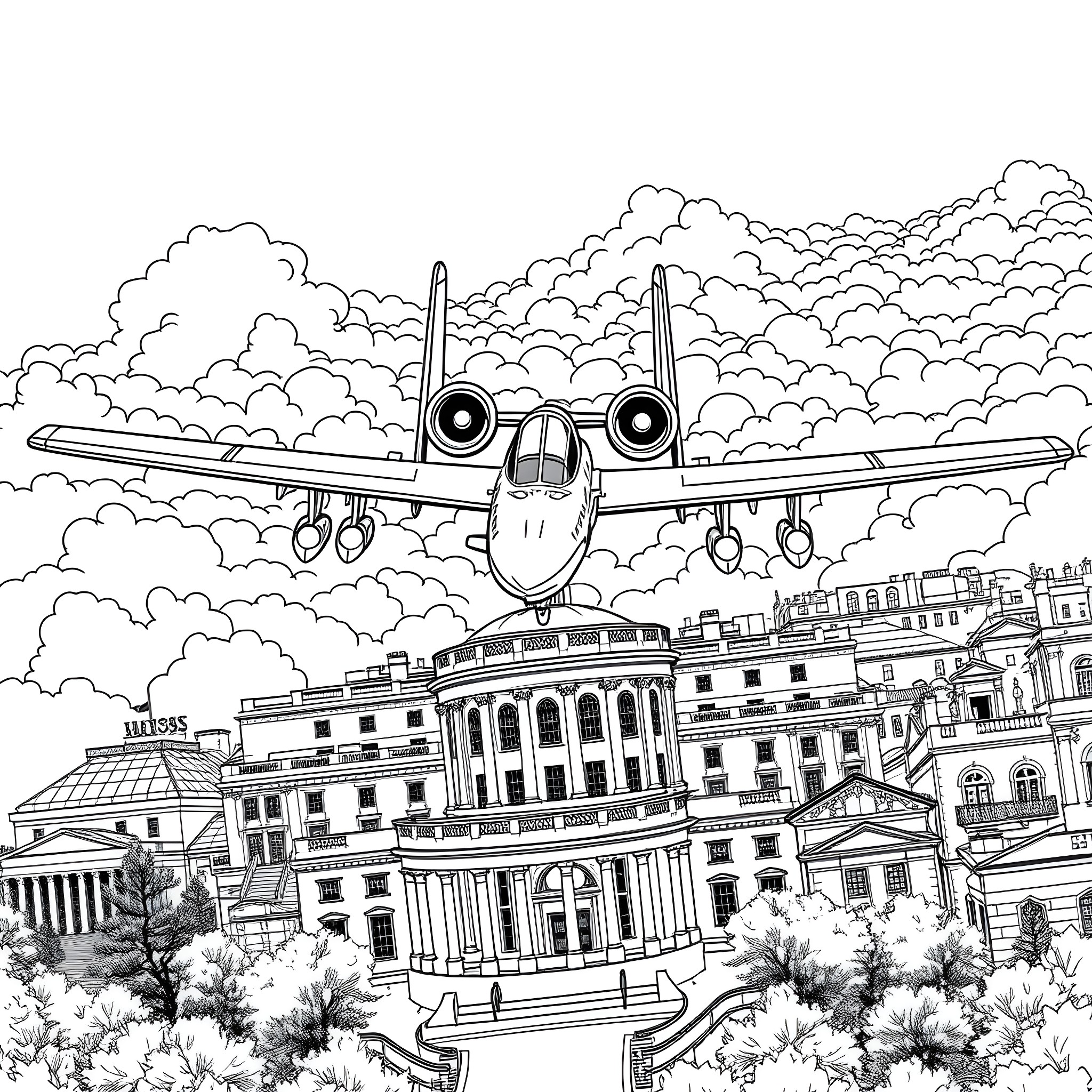 A-10 jet soaring over urban landscape Coloring Page (free black-and-white line drawing printable PDF for all, from beginners to advanced learners, including children, teens, adults, and seniors)