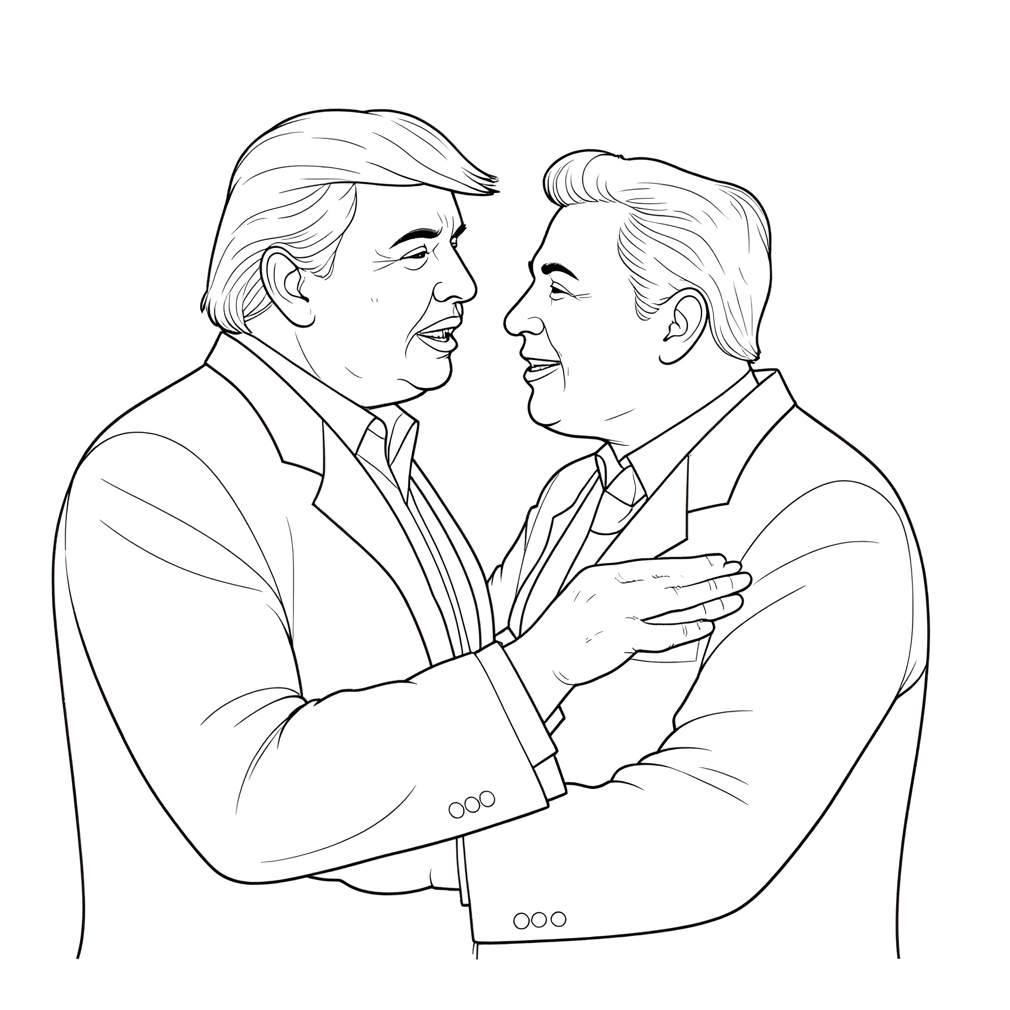 Donald Trump and Man in Suits Shaking Hands Coloring Page (free black-and-white line drawing printable PDF for all, from beginners to advanced learners, including children, teens, adults, and seniors)