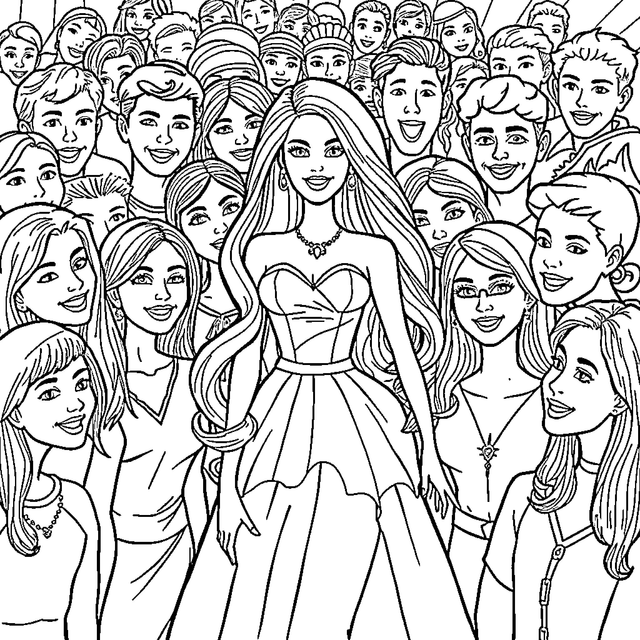 Barbie surrounded by a diverse group of people Coloring Page (free black-and-white line drawing printable PDF for all, from beginners to advanced learners, including children, teens, adults, and seniors)