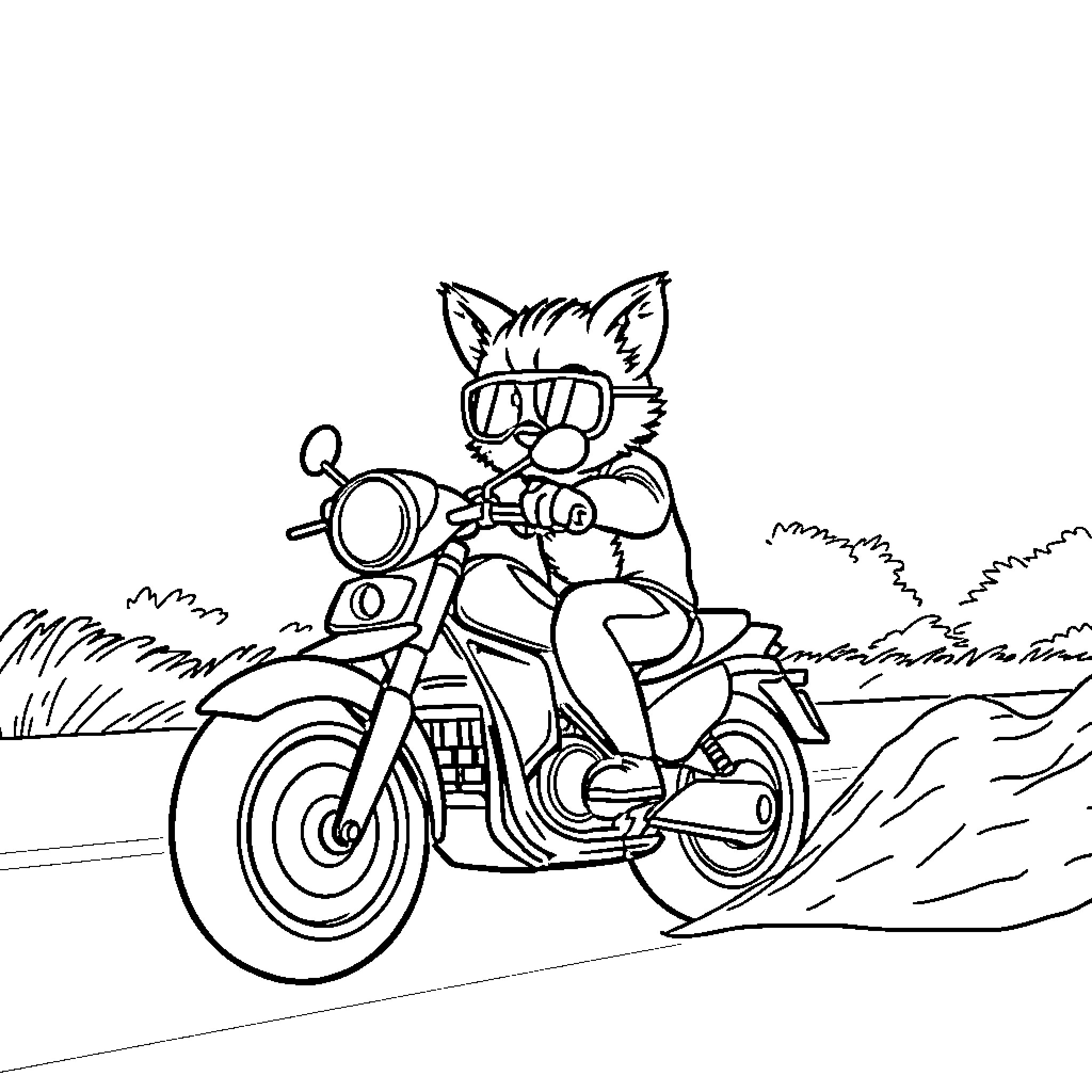 Cachorro riding motorcycle in the countryside Coloring Page (free black-and-white line drawing printable PDF for all, from beginners to advanced learners, including children, teens, adults, and seniors)