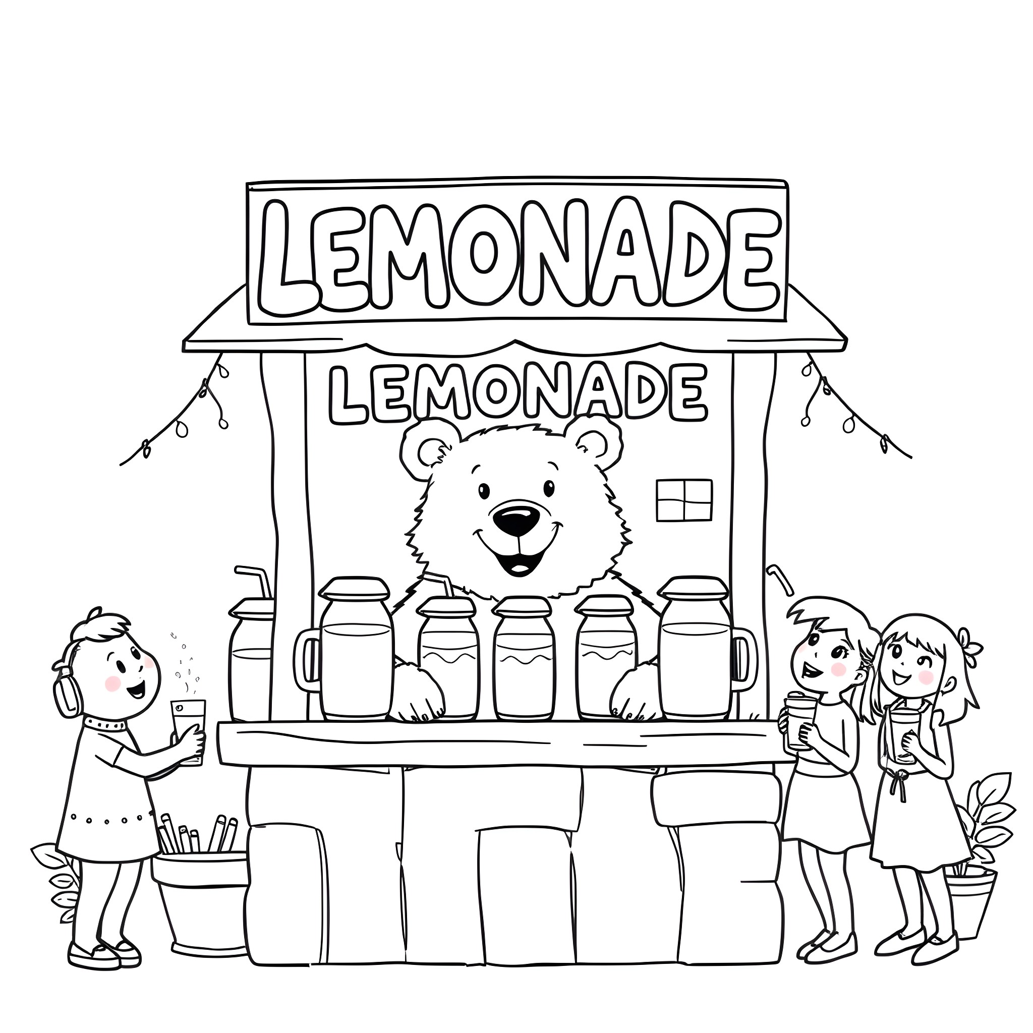 Bear running a lemonade stand with kids Coloring Page (free black-and-white line drawing printable PDF for all, from beginners to advanced learners, including children, teens, adults, and seniors)