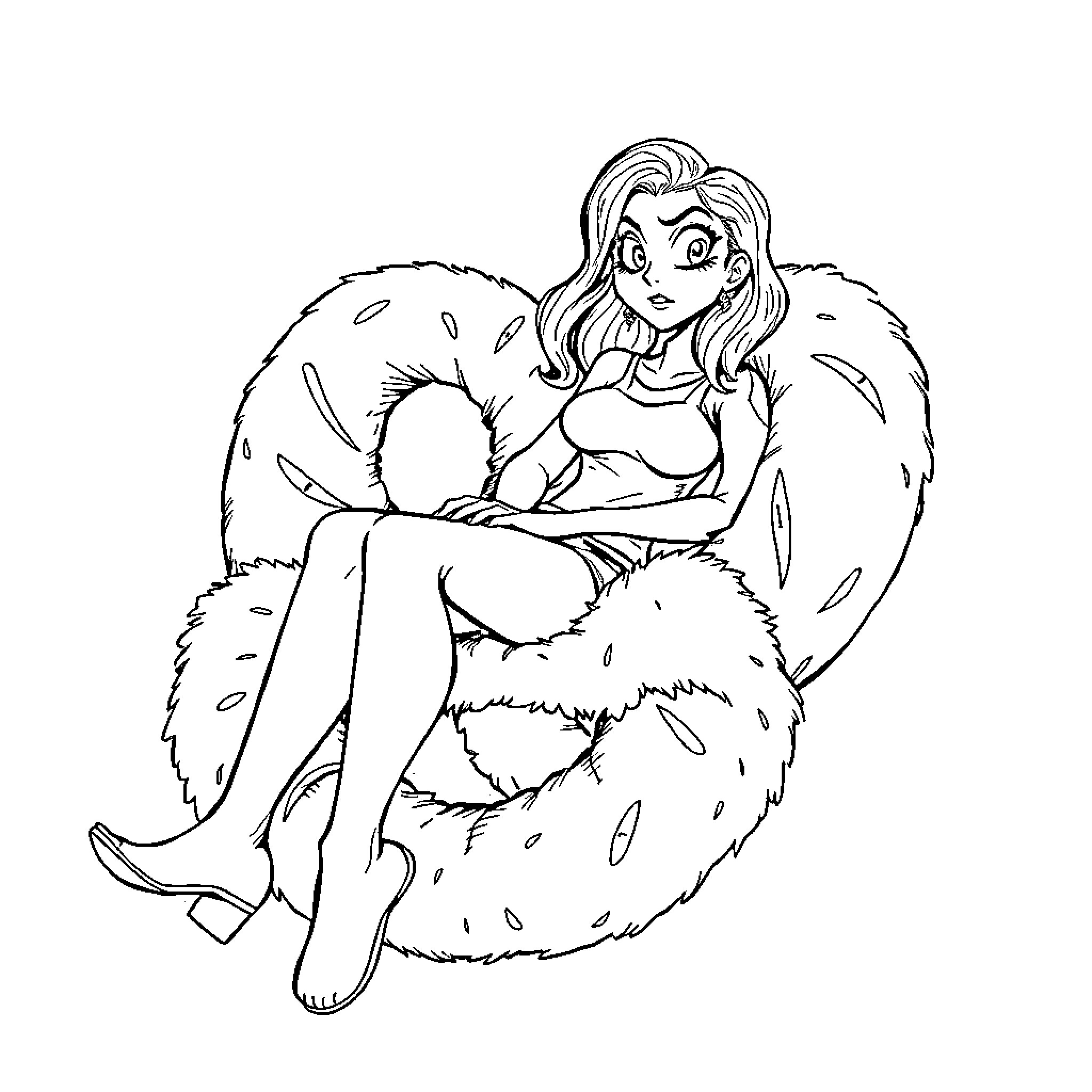 Girlfriend lounging in a cozy armchair Coloring Page (free black-and-white line drawing printable PDF for all, from beginners to advanced learners, including children, teens, adults, and seniors)