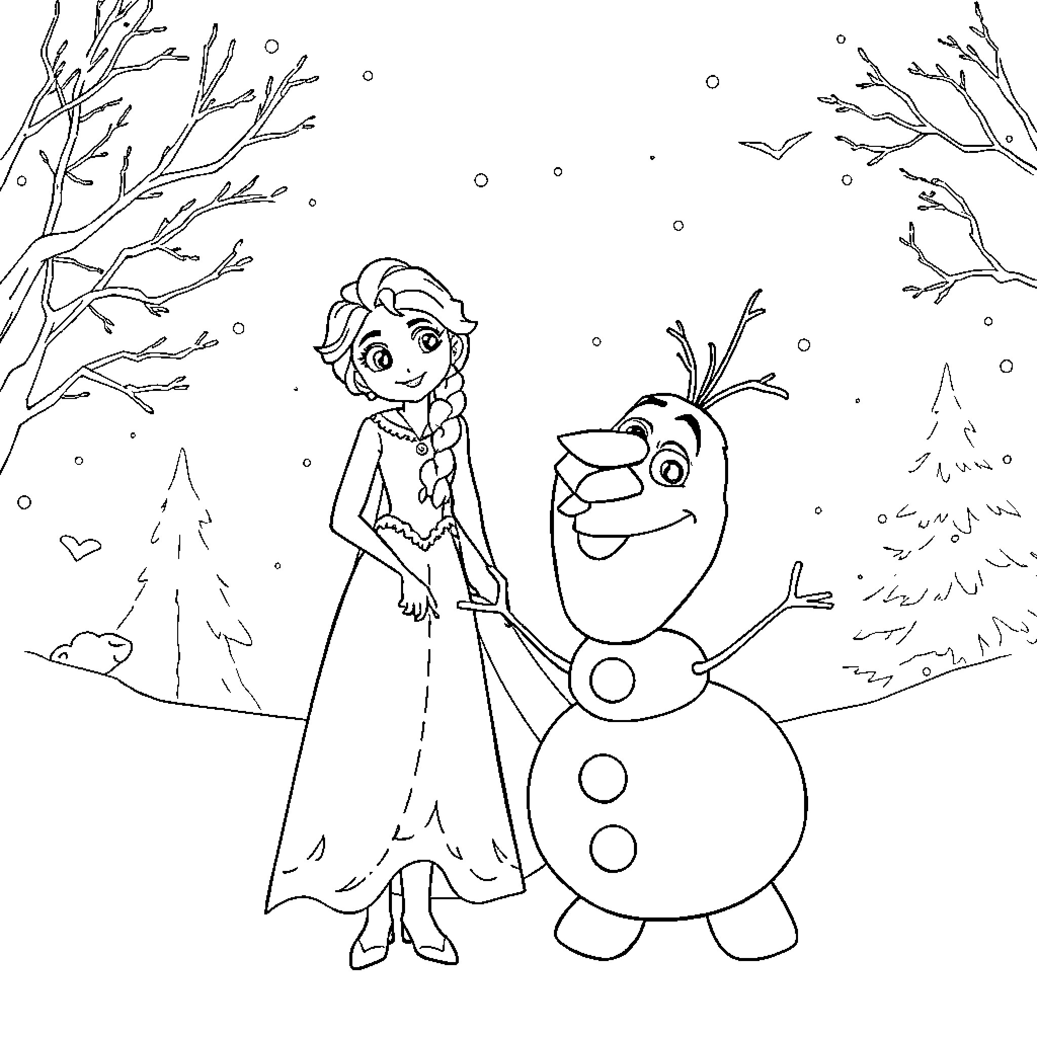 Elsa and Olaf enjoying a snowy winter scene Coloring Page (free black-and-white line drawing printable PDF for all, from beginners to advanced learners, including children, teens, adults, and seniors)