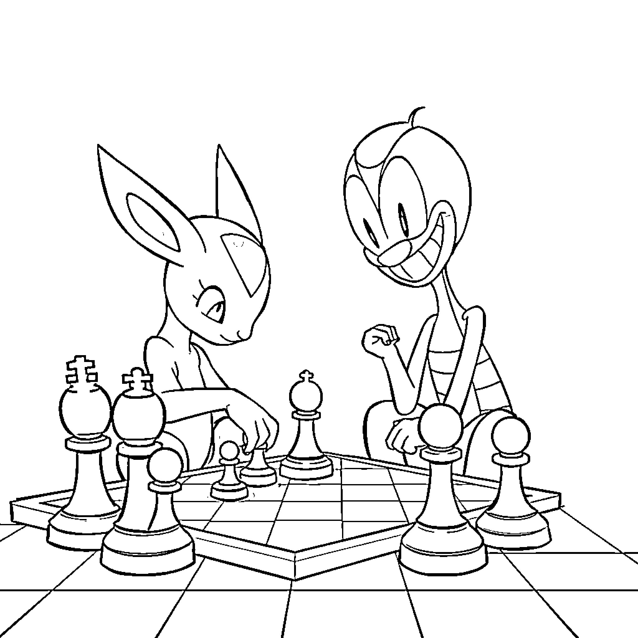 Mewtwo challenging opponent in chess game Coloring Page (free black-and-white line drawing printable PDF for all, from beginners to advanced learners, including children, teens, adults, and seniors)