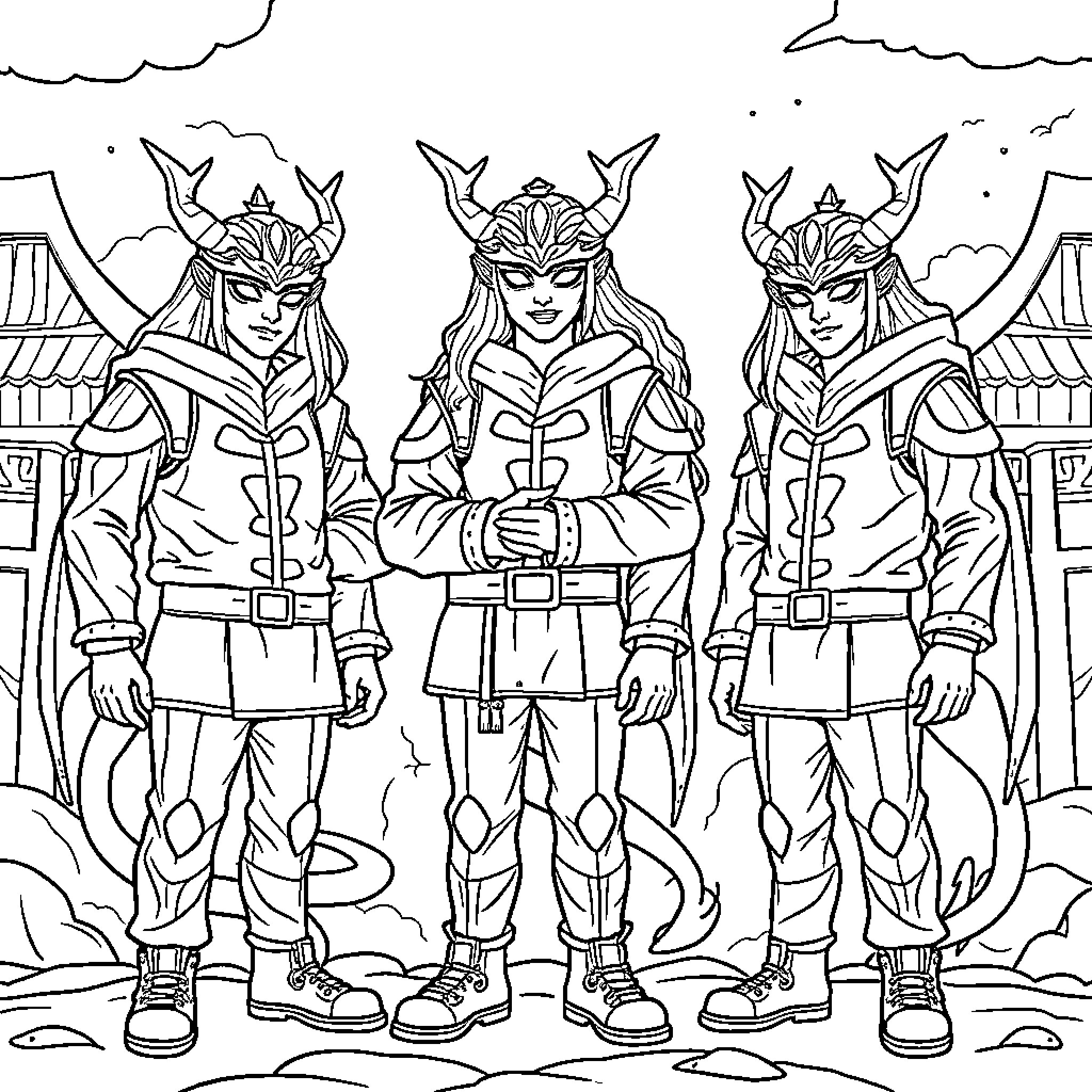 Demon Hunters in Intense Pose Coloring Page (free black-and-white line drawing printable PDF for all, from beginners to advanced learners, including children, teens, adults, and seniors)