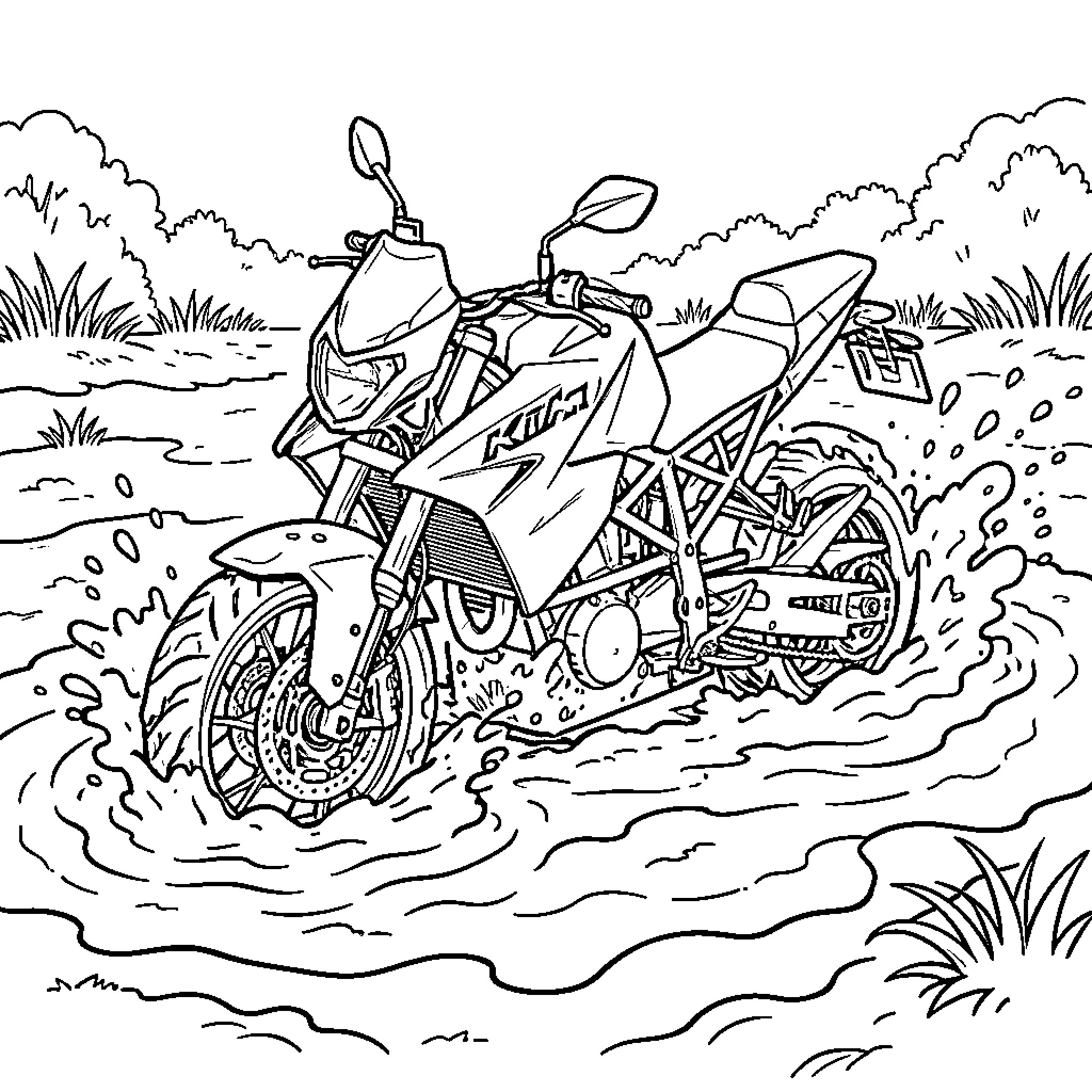 Moto riding through water splashes in nature Coloring Page (free black-and-white line drawing printable PDF for all, from beginners to advanced learners, including children, teens, adults, and seniors)