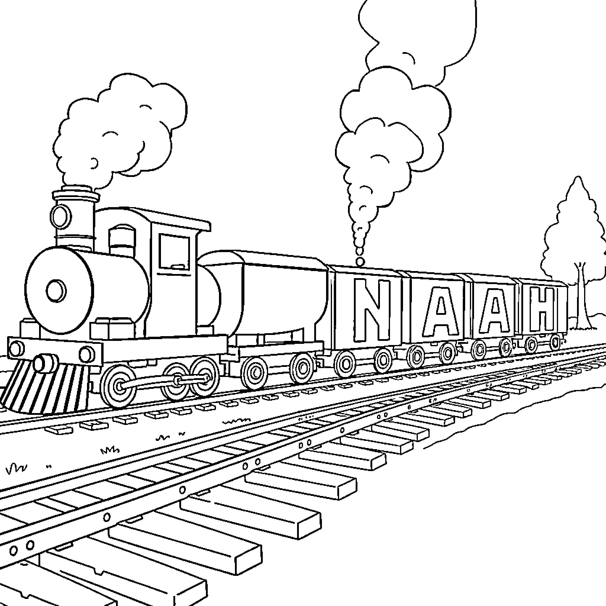 Train locomotive pulling carriages on railway track Coloring Page (free black-and-white line drawing printable PDF for all, from beginners to advanced learners, including children, teens, adults, and seniors)
