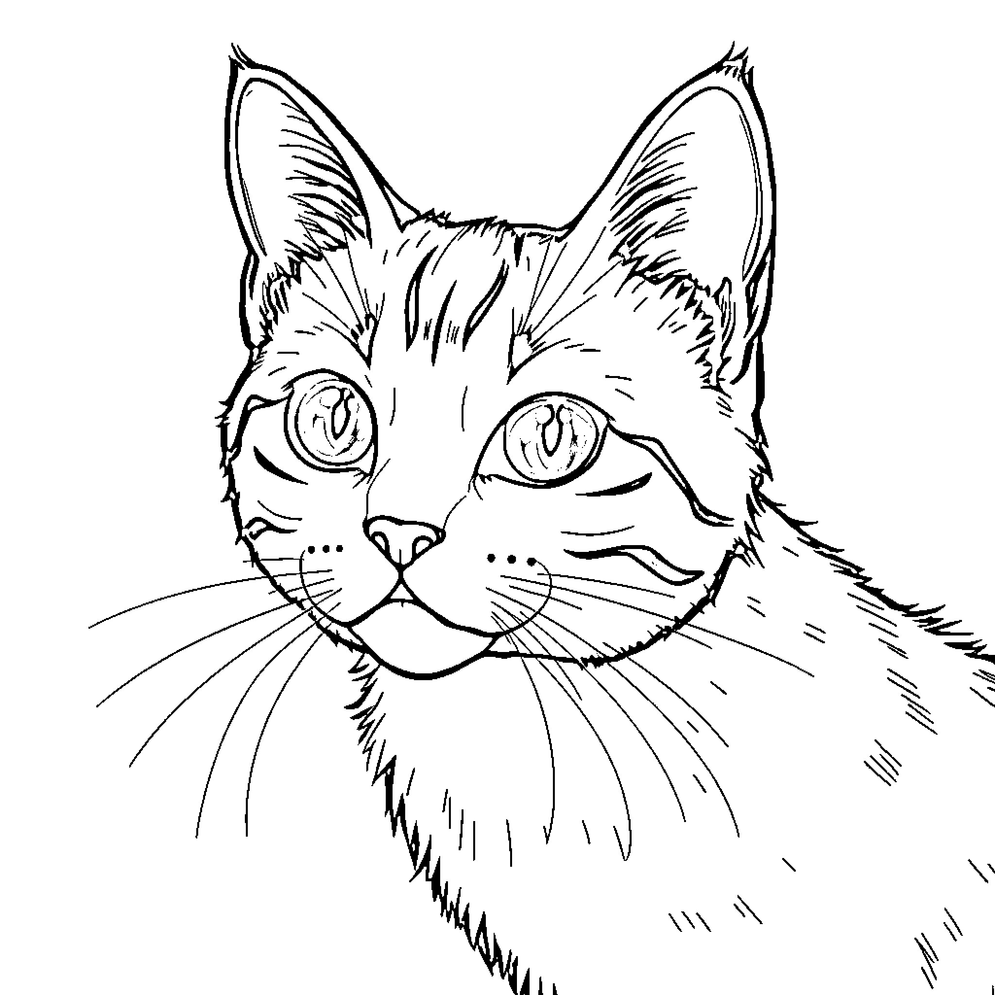 Catseye Feline Sketch Coloring Page (free black-and-white line drawing printable PDF for all, from beginners to advanced learners, including children, teens, adults, and seniors)