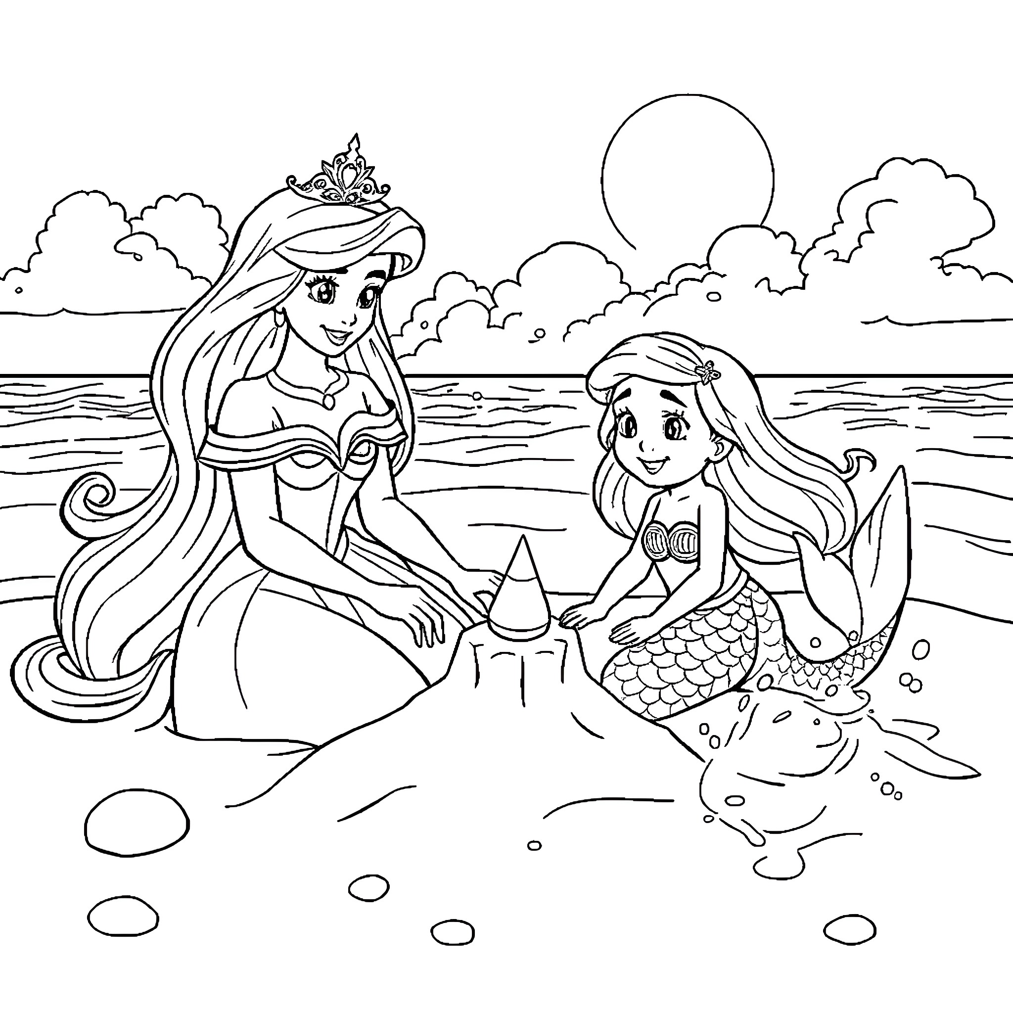 Princess Mermaids Playing in the Ocean Coloring Page (free black-and-white line drawing printable PDF for all, from beginners to advanced learners, including children, teens, adults, and seniors)