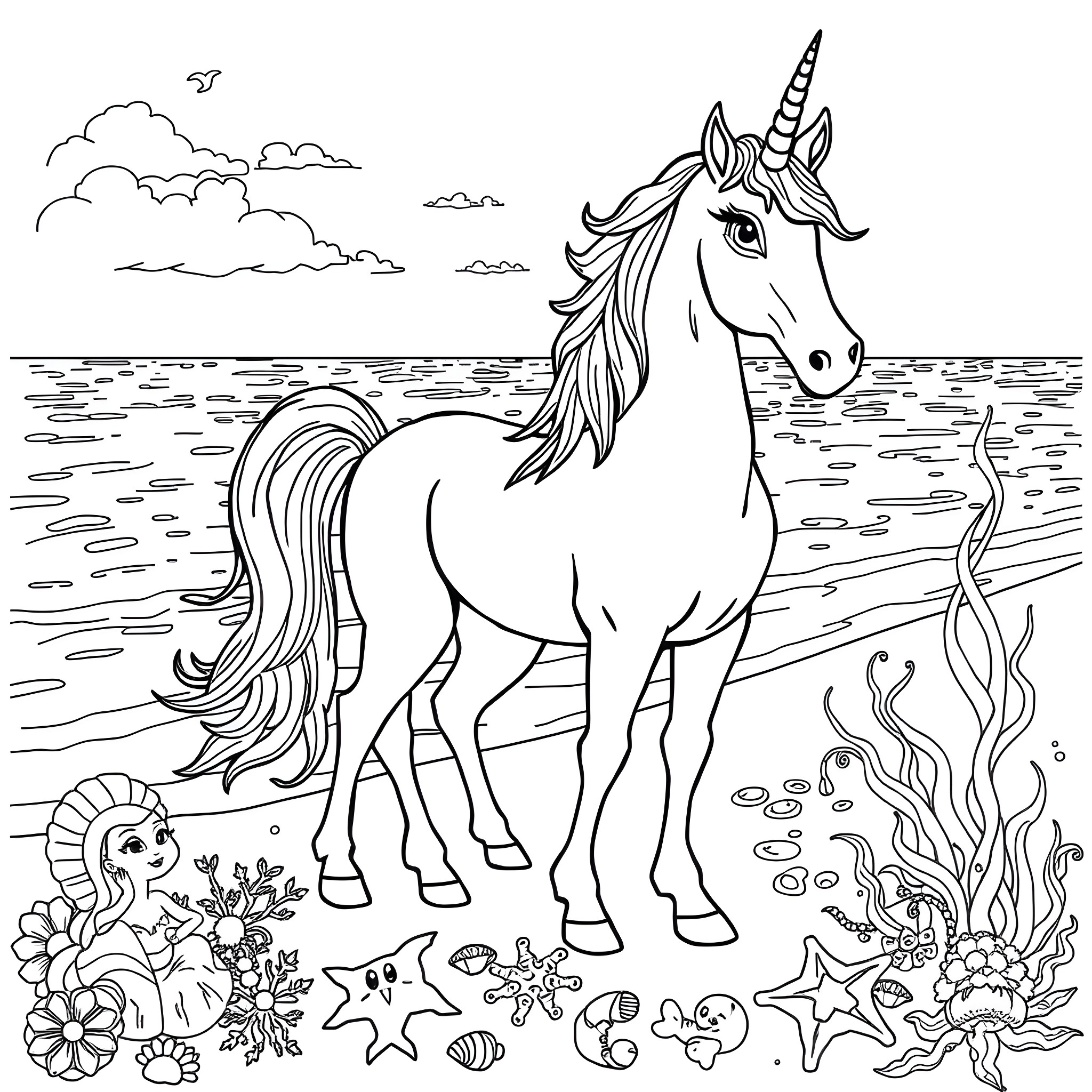 Unicorn standing gracefully in the ocean landscape Coloring Page (free black-and-white line drawing printable PDF for all, from beginners to advanced learners, including children, teens, adults, and seniors)