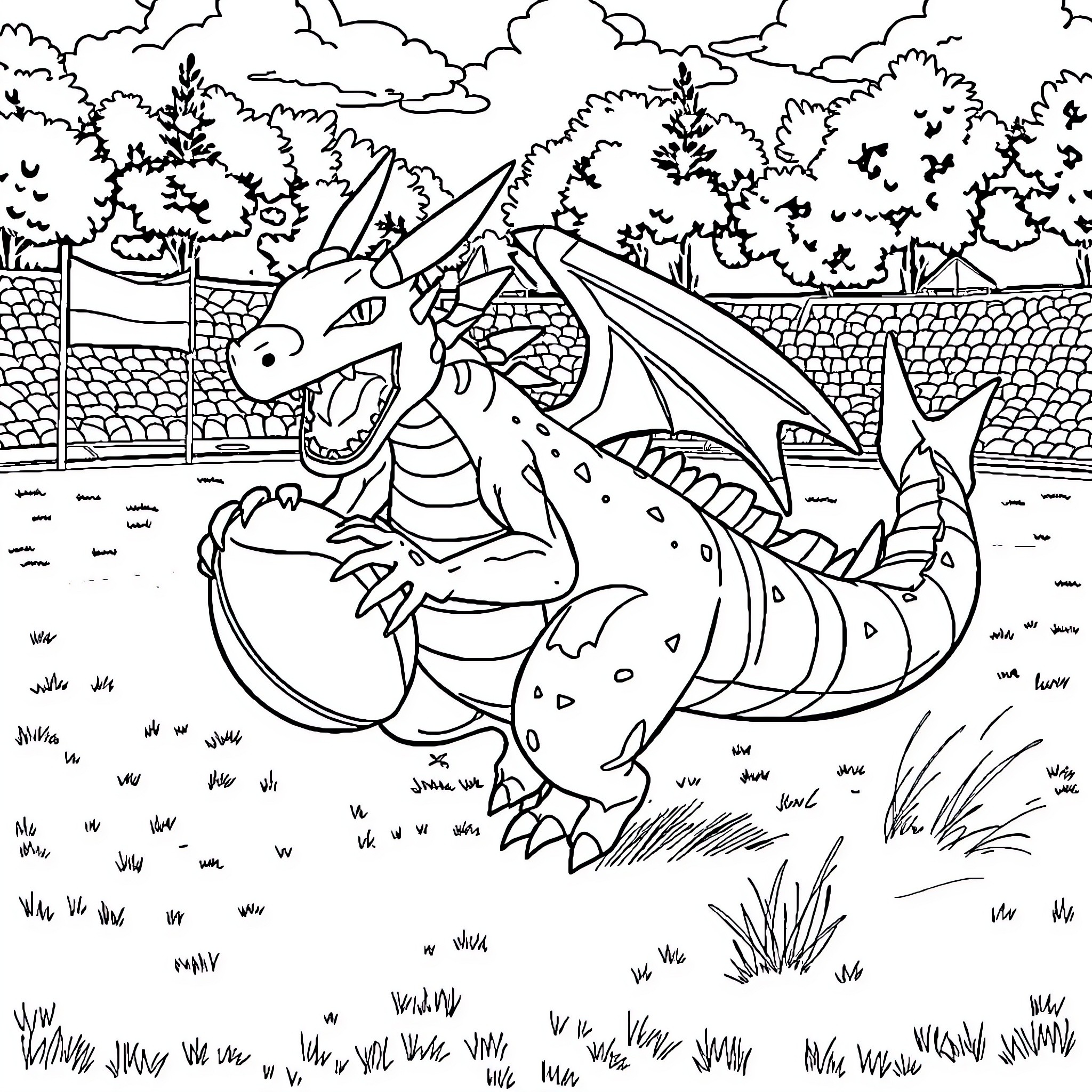 Dracolosse enjoying the outdoors in a natural setting Coloring Page (free black-and-white line drawing printable PDF for all, from beginners to advanced learners, including children, teens, adults, and seniors)