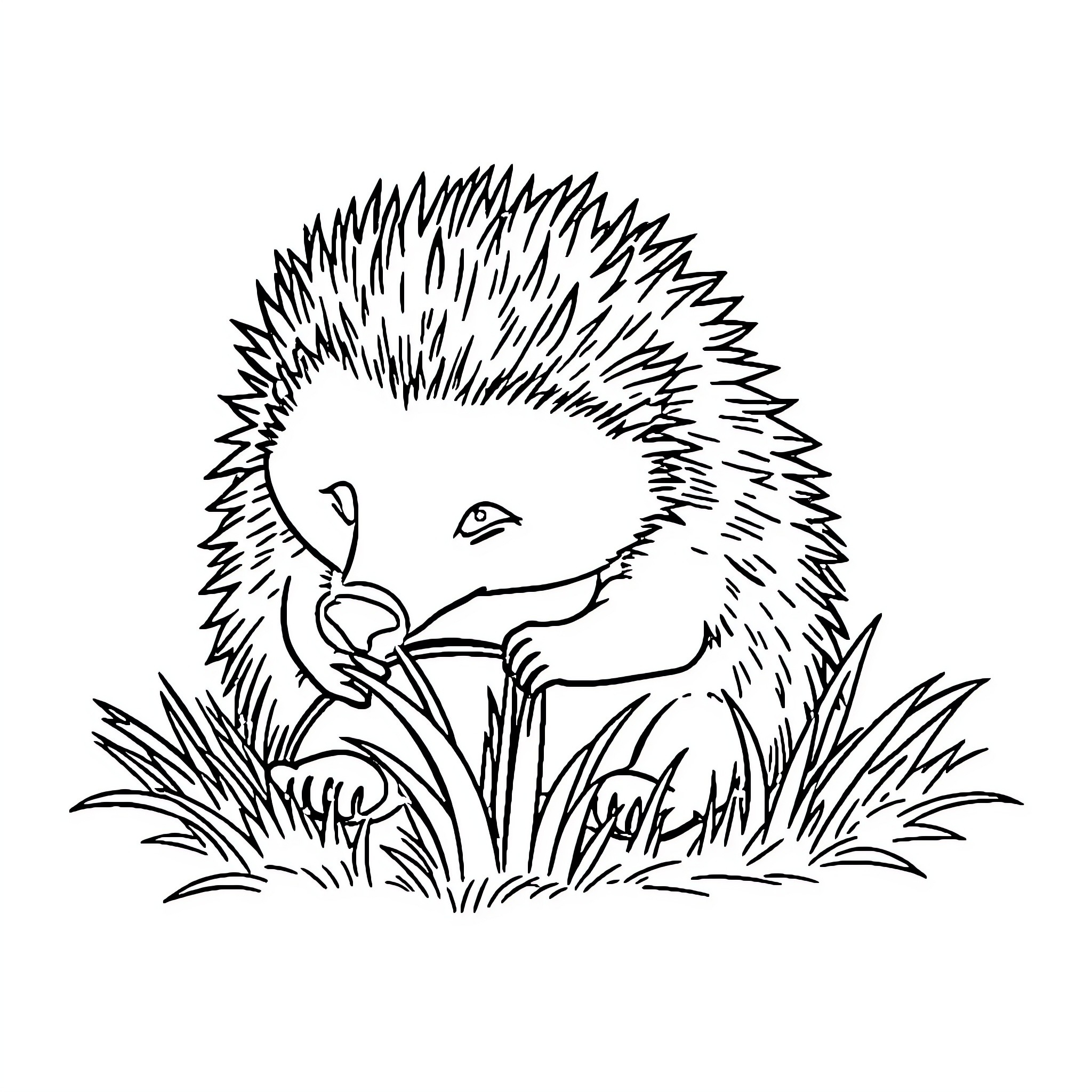 Hedgehog foraging in the grass Coloring Page (free black-and-white line drawing printable PDF for all, from beginners to advanced learners, including children, teens, adults, and seniors)