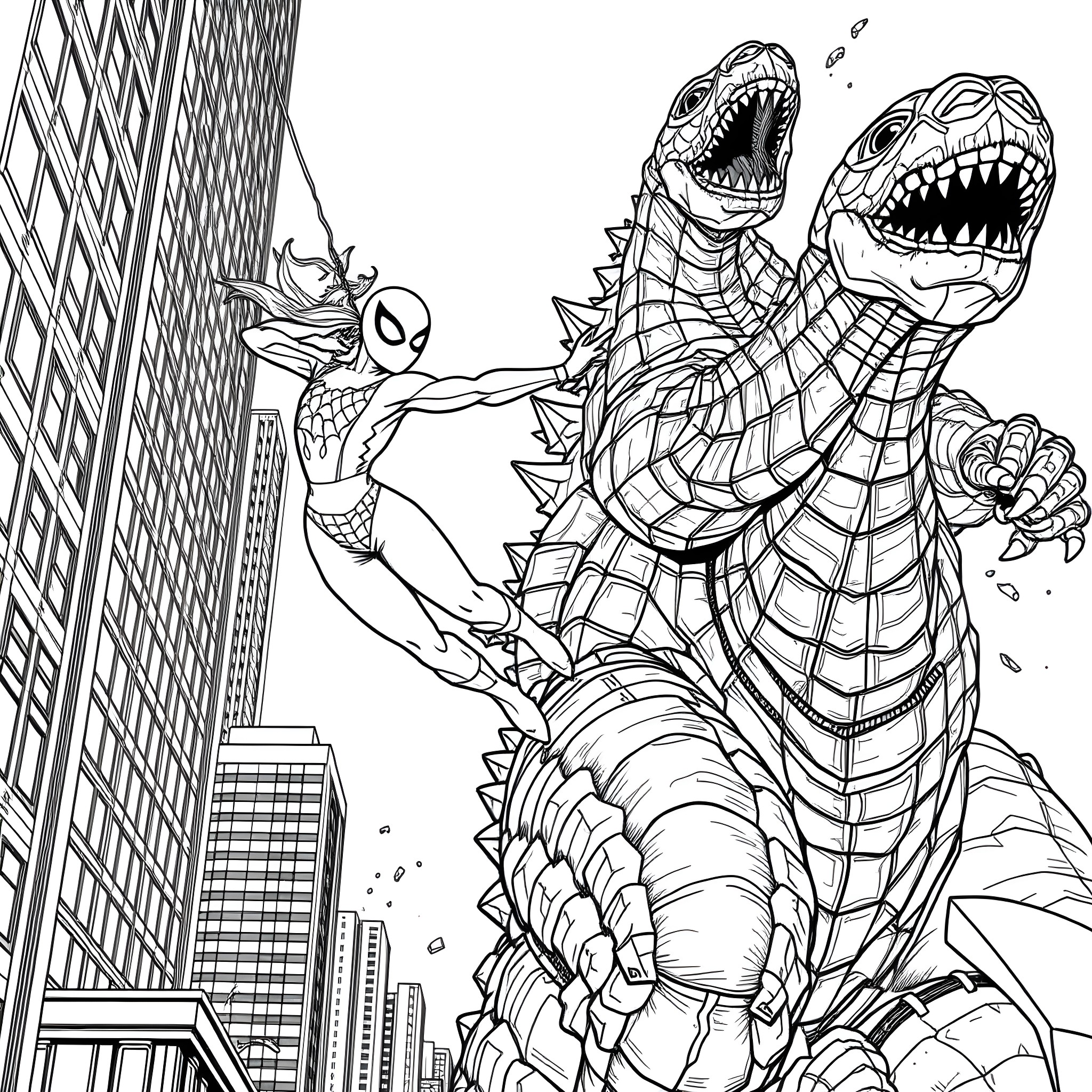 Spidergirl battles giant prehistoric reptiles in the city Coloring Page (free black-and-white line drawing printable PDF for all, from beginners to advanced learners, including children, teens, adults, and seniors)
