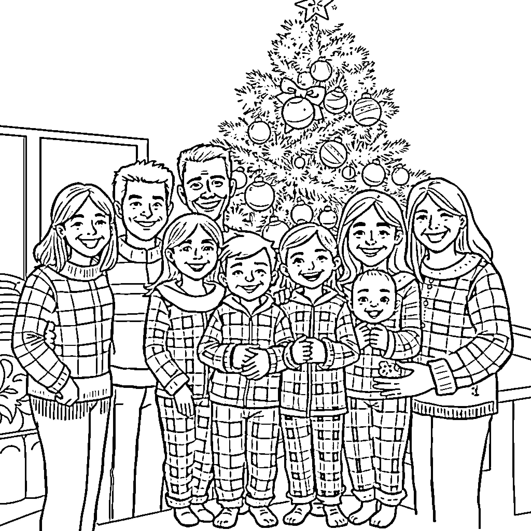 Family Gathered Around Christmas Tree Coloring Page (free black-and-white line drawing printable PDF for all, from beginners to advanced learners, including children, teens, adults, and seniors)