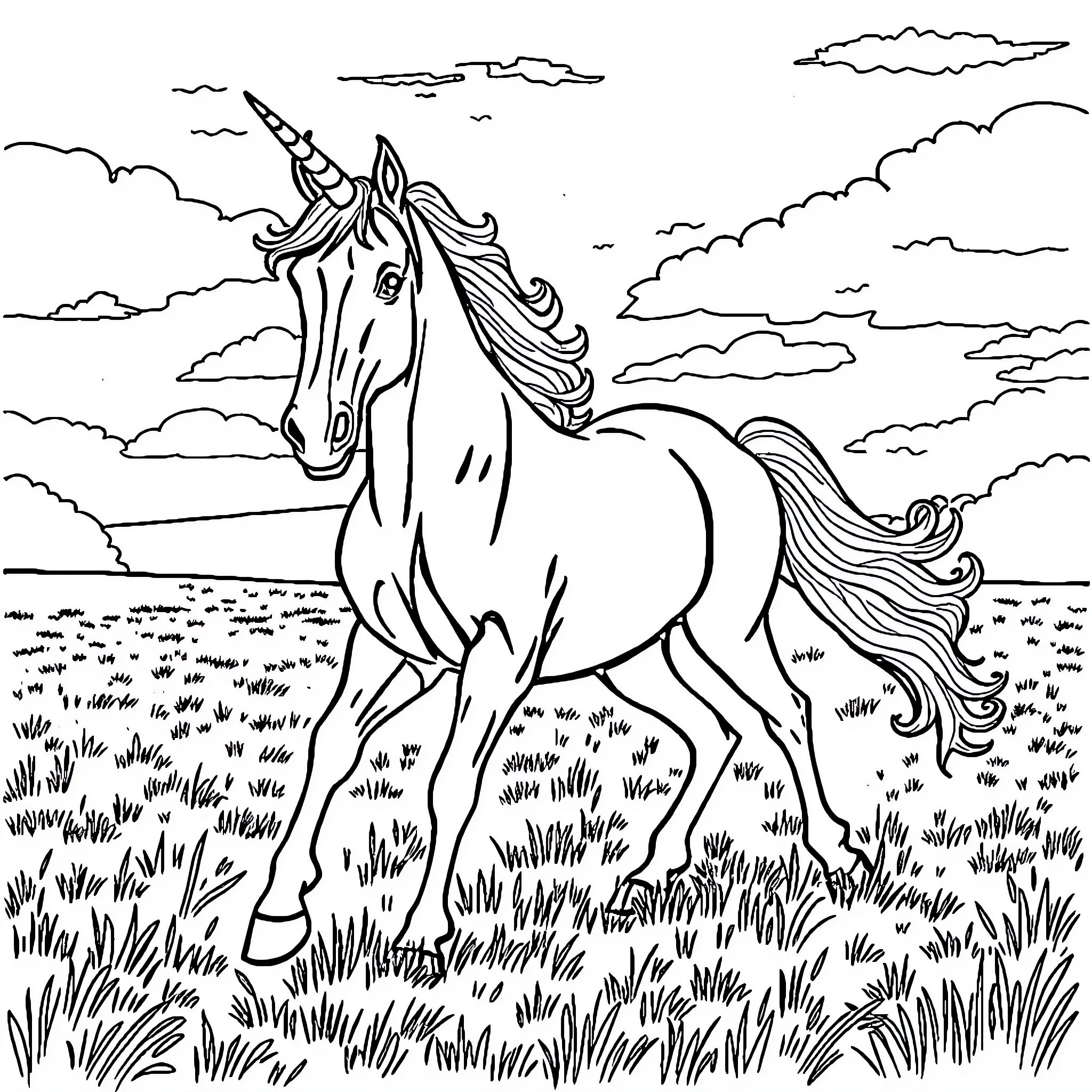 Unicorn galloping gracefully through a meadow Coloring Page (free black-and-white line drawing printable PDF for all, from beginners to advanced learners, including children, teens, adults, and seniors)