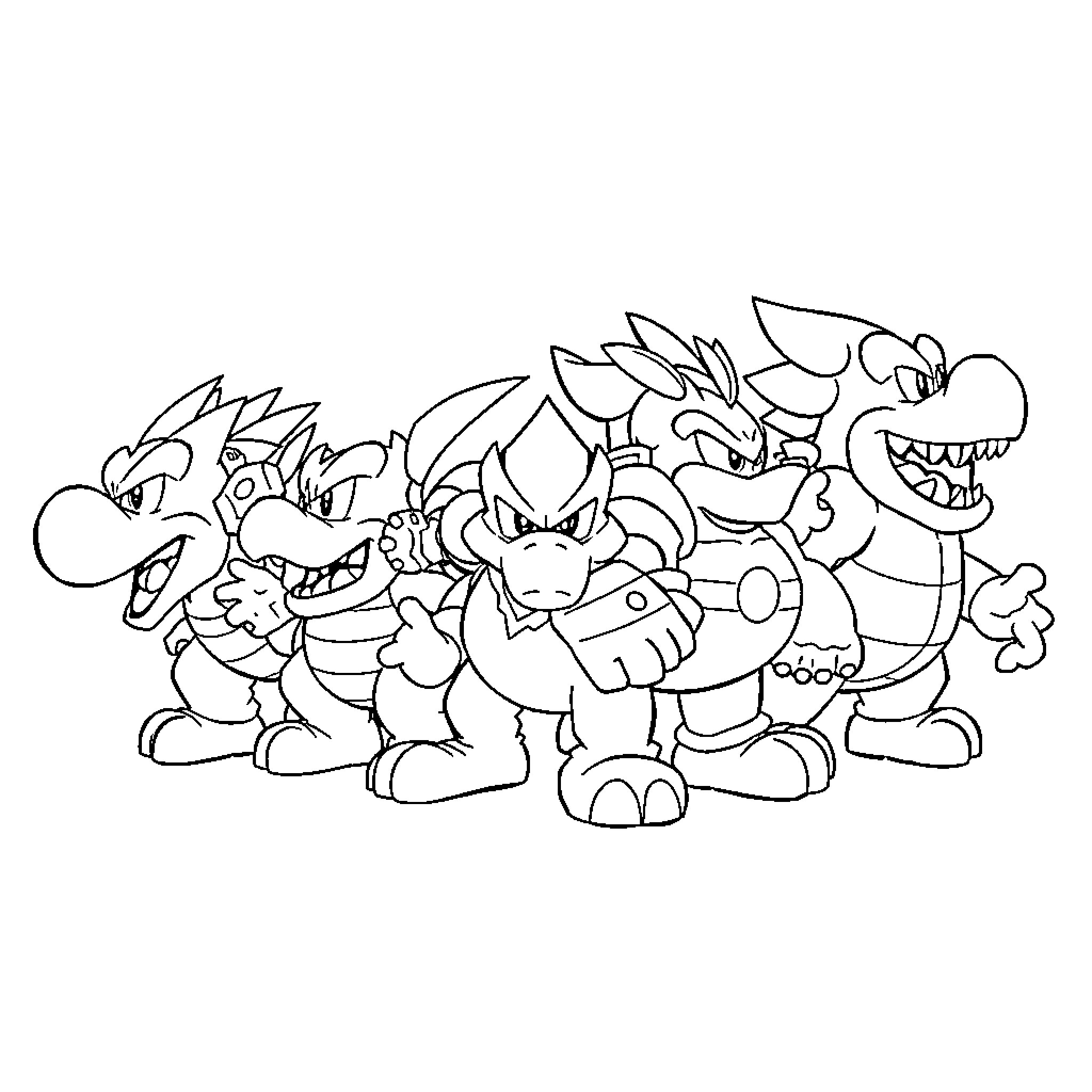 Boss monsters standing together with fierce expressions Coloring Page (free black-and-white line drawing printable PDF for all, from beginners to advanced learners, including children, teens, adults, and seniors)