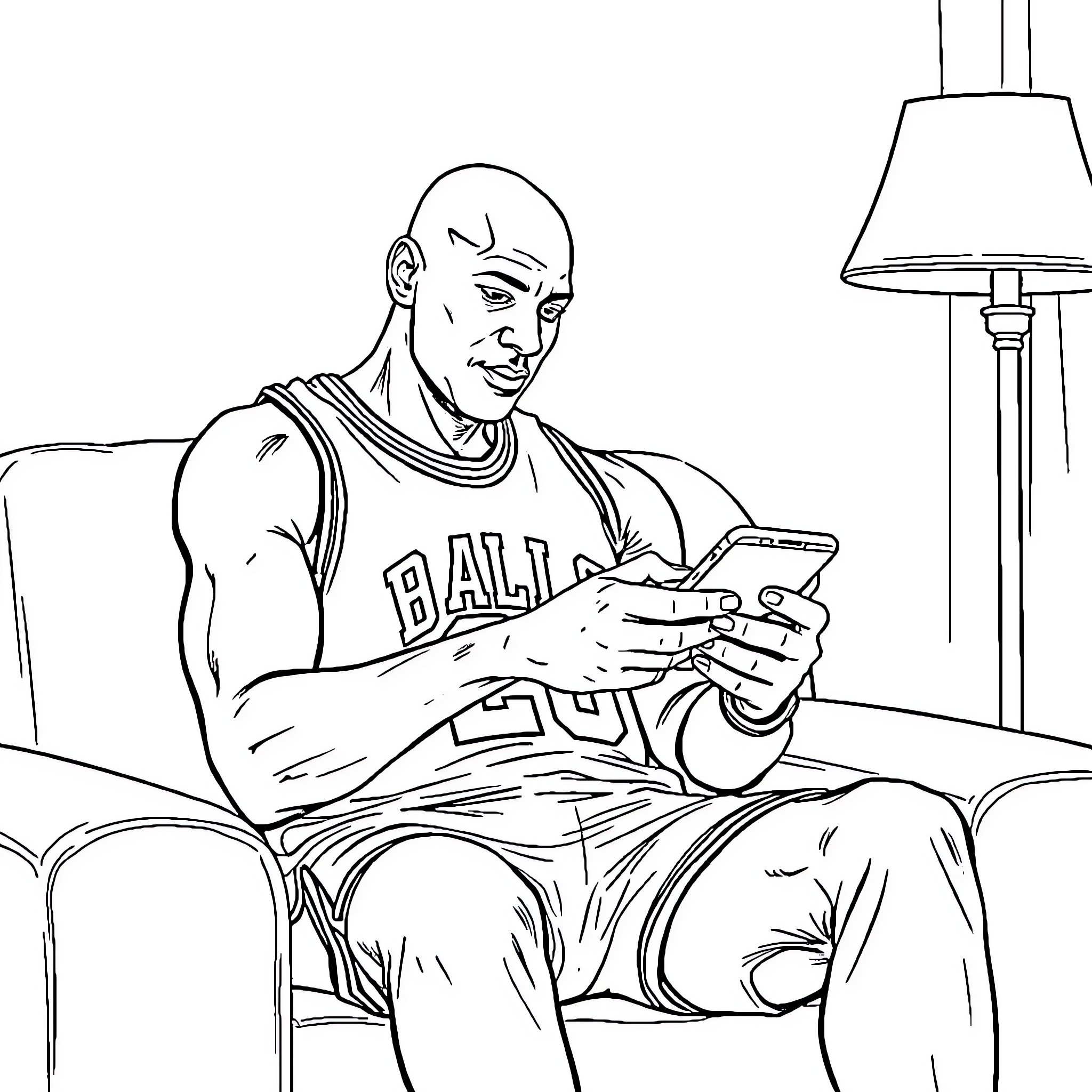 Michael Jordan relaxing and using a smartphone Coloring Page (free black-and-white line drawing printable PDF for all, from beginners to advanced learners, including children, teens, adults, and seniors)
