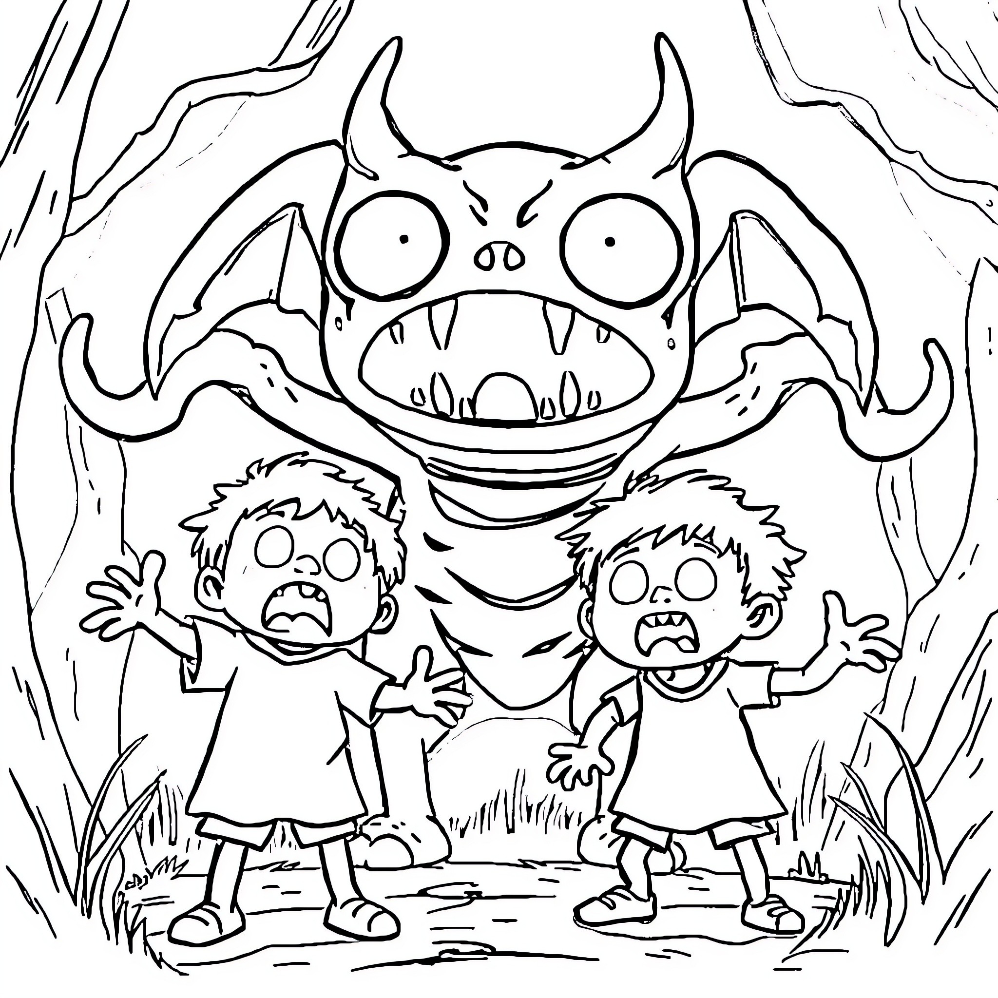 Labubu and the Fearsome Monster Frightening Children Coloring Page (free black-and-white line drawing printable PDF for all, from beginners to advanced learners, including children, teens, adults, and seniors)