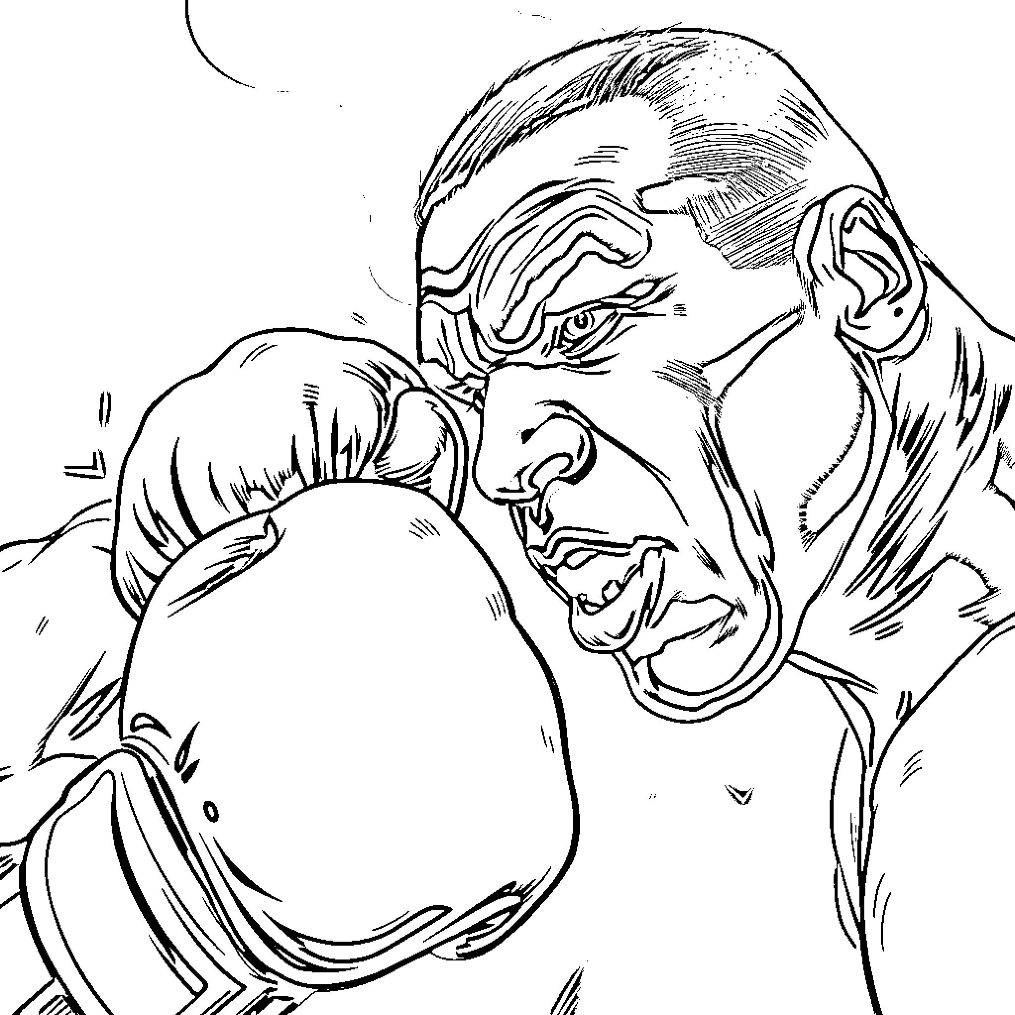 Mike Tyson in Intense Boxing Match Coloring Page (free black-and-white line drawing printable PDF for all, from beginners to advanced learners, including children, teens, adults, and seniors)