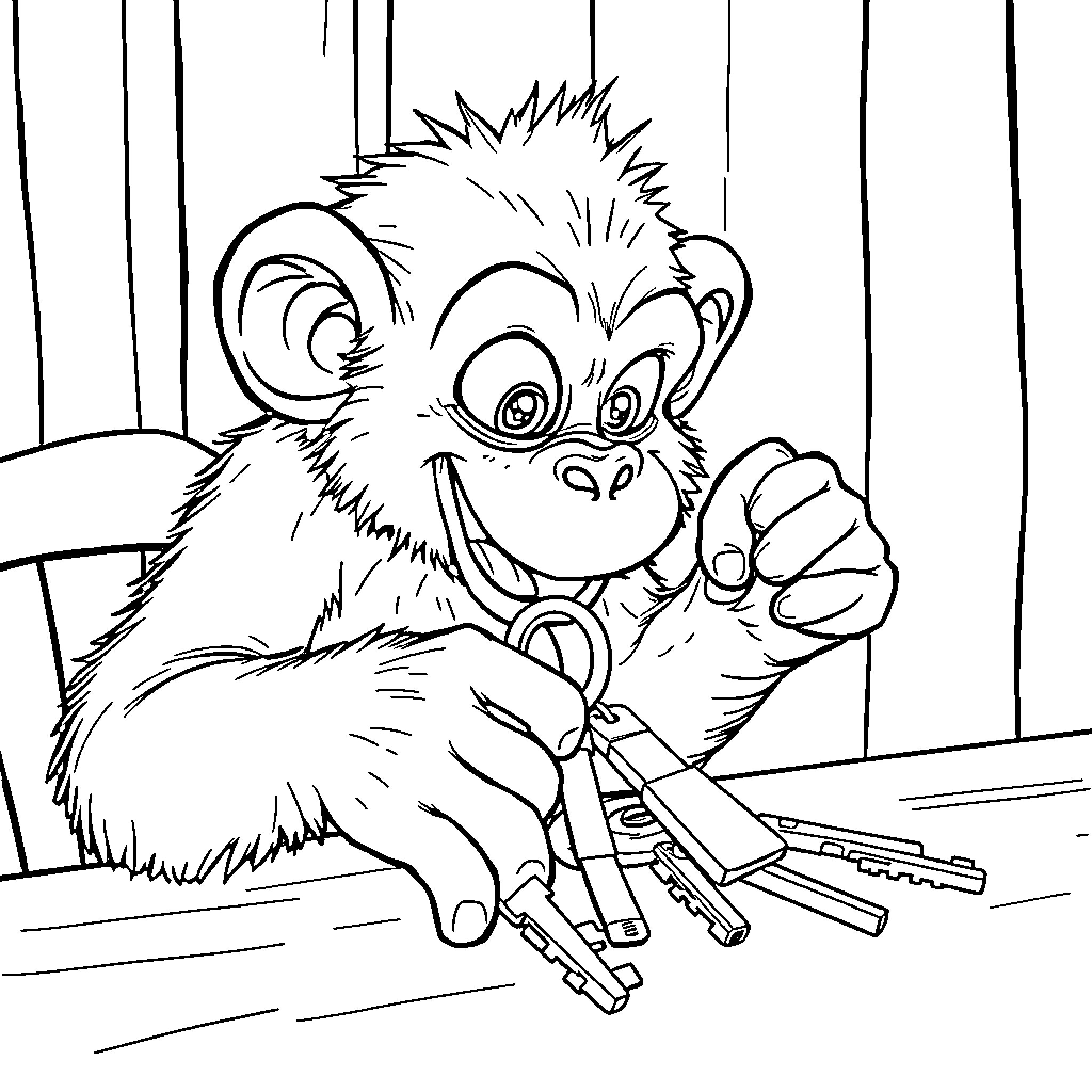 Monkey playing with tools in the workshop Coloring Page (free black-and-white line drawing printable PDF for all, from beginners to advanced learners, including children, teens, adults, and seniors)