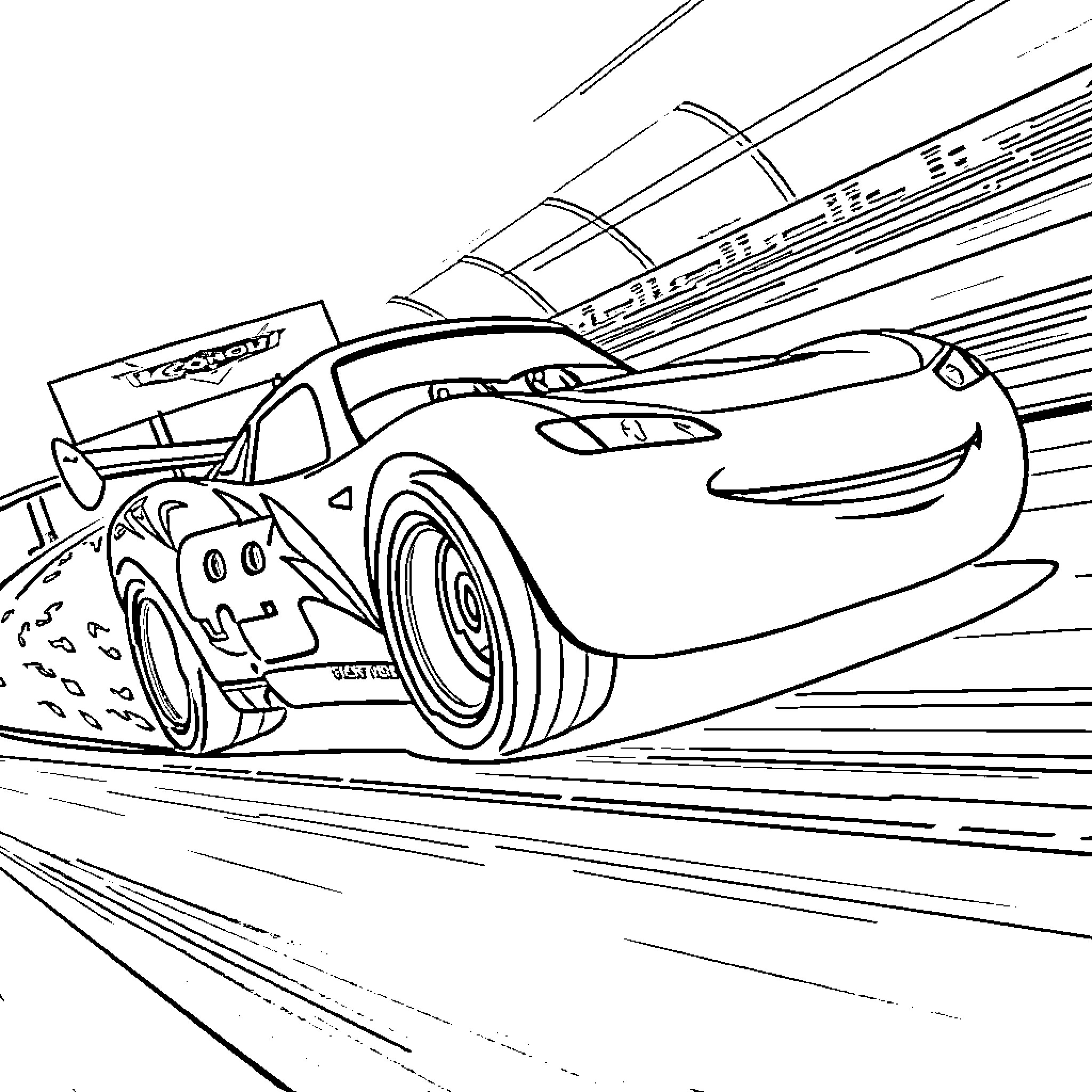 Lightning McQueen speeding on the racetrack Coloring Page (free black-and-white line drawing printable PDF for all, from beginners to advanced learners, including children, teens, adults, and seniors)