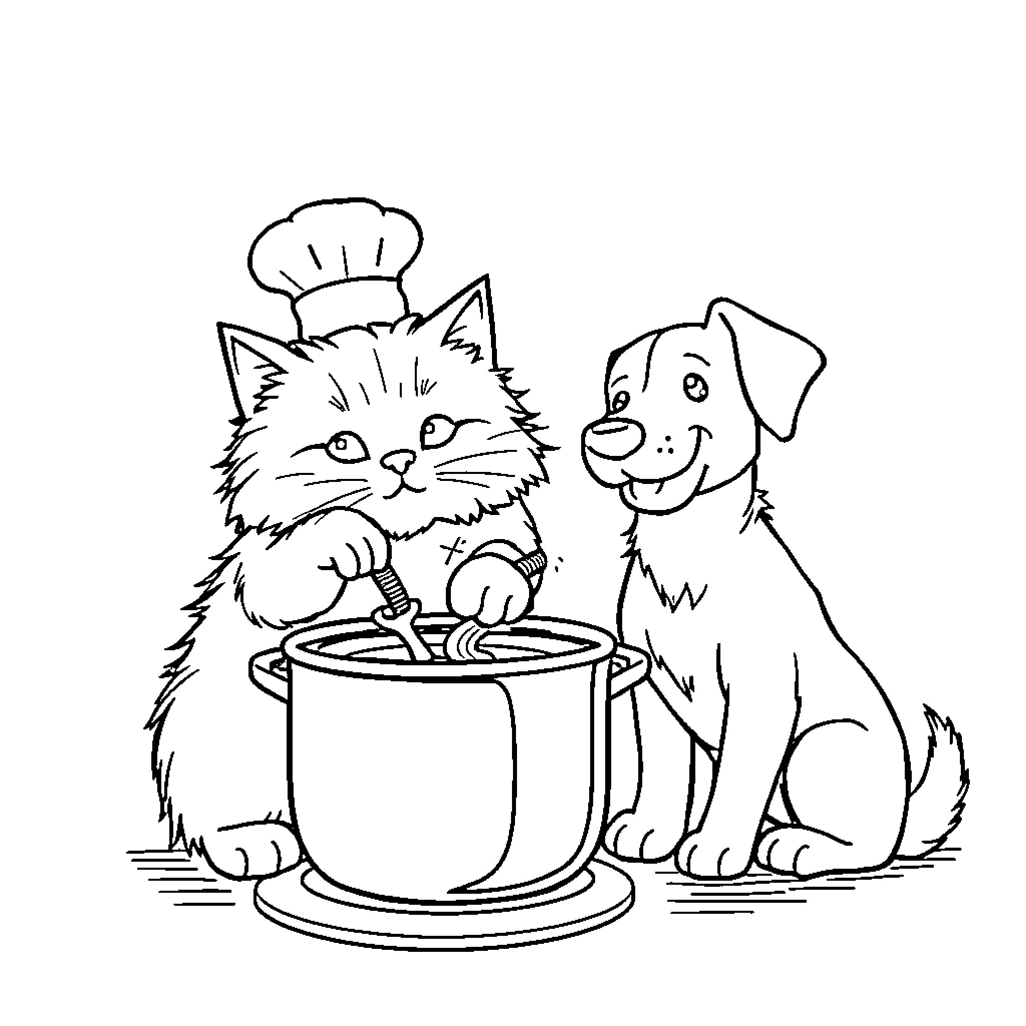Cat and Dog Chefs Cooking Together Coloring Page (free black-and-white line drawing printable PDF for all, from beginners to advanced learners, including children, teens, adults, and seniors)