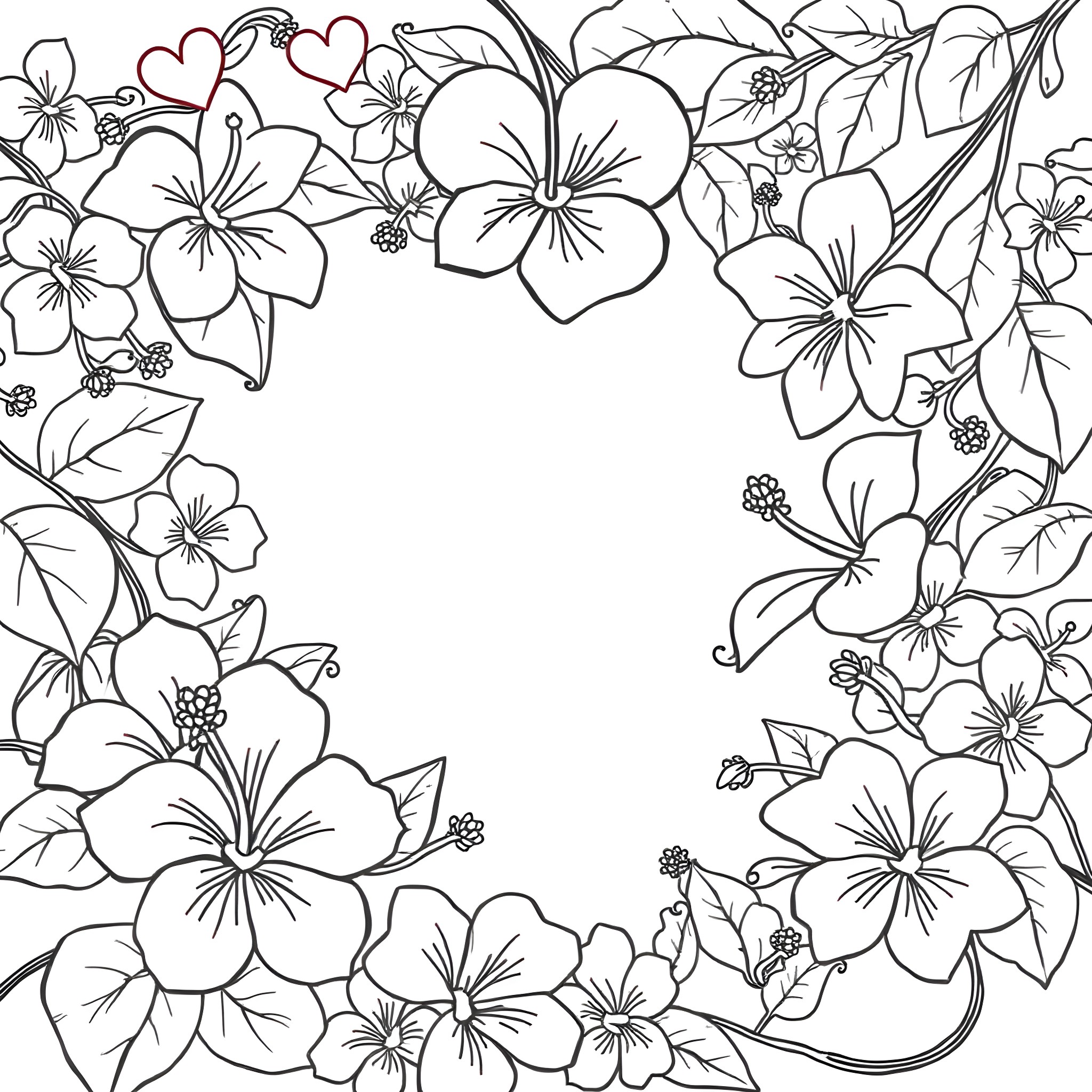Heart-shaped floral frame with blooming flowers Coloring Page (free black-and-white line drawing printable PDF for all, from beginners to advanced learners, including children, teens, adults, and seniors)