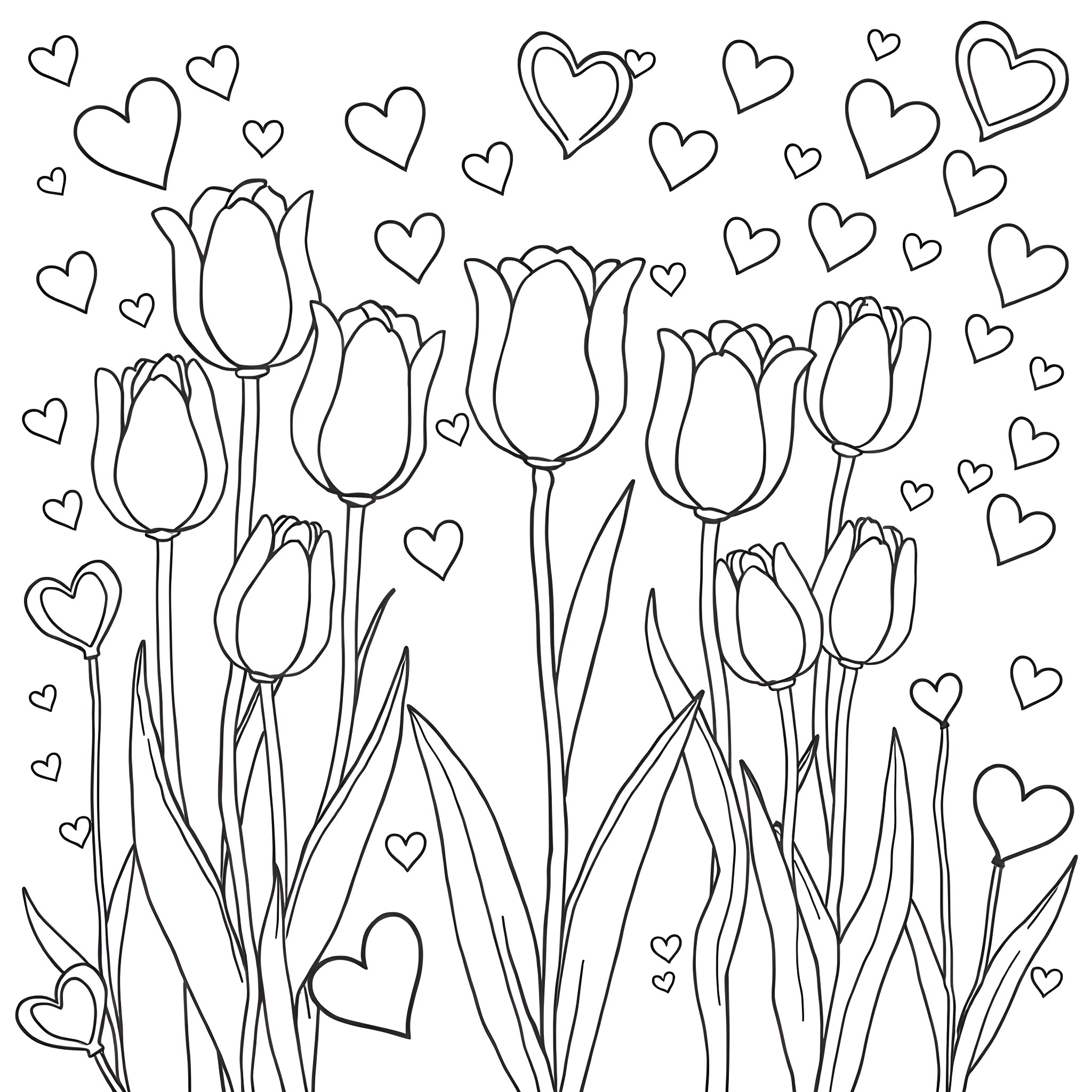 Tulip flowers with hearts floating around Coloring Page (free black-and-white line drawing printable PDF for all, from beginners to advanced learners, including children, teens, adults, and seniors)