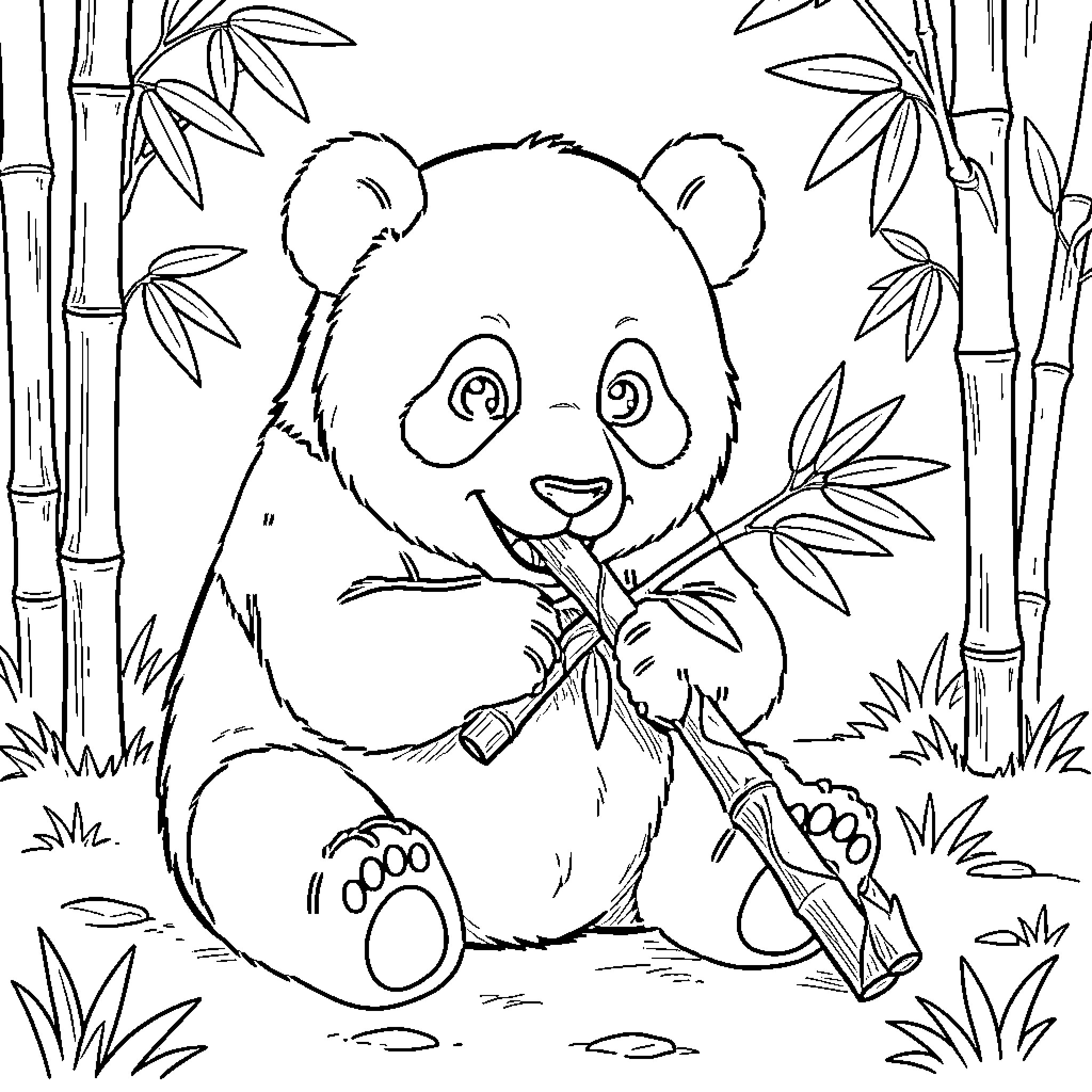 Panda enjoying a bamboo snack in the forest Coloring Page (free black-and-white line drawing printable PDF for all, from beginners to advanced learners, including children, teens, adults, and seniors)