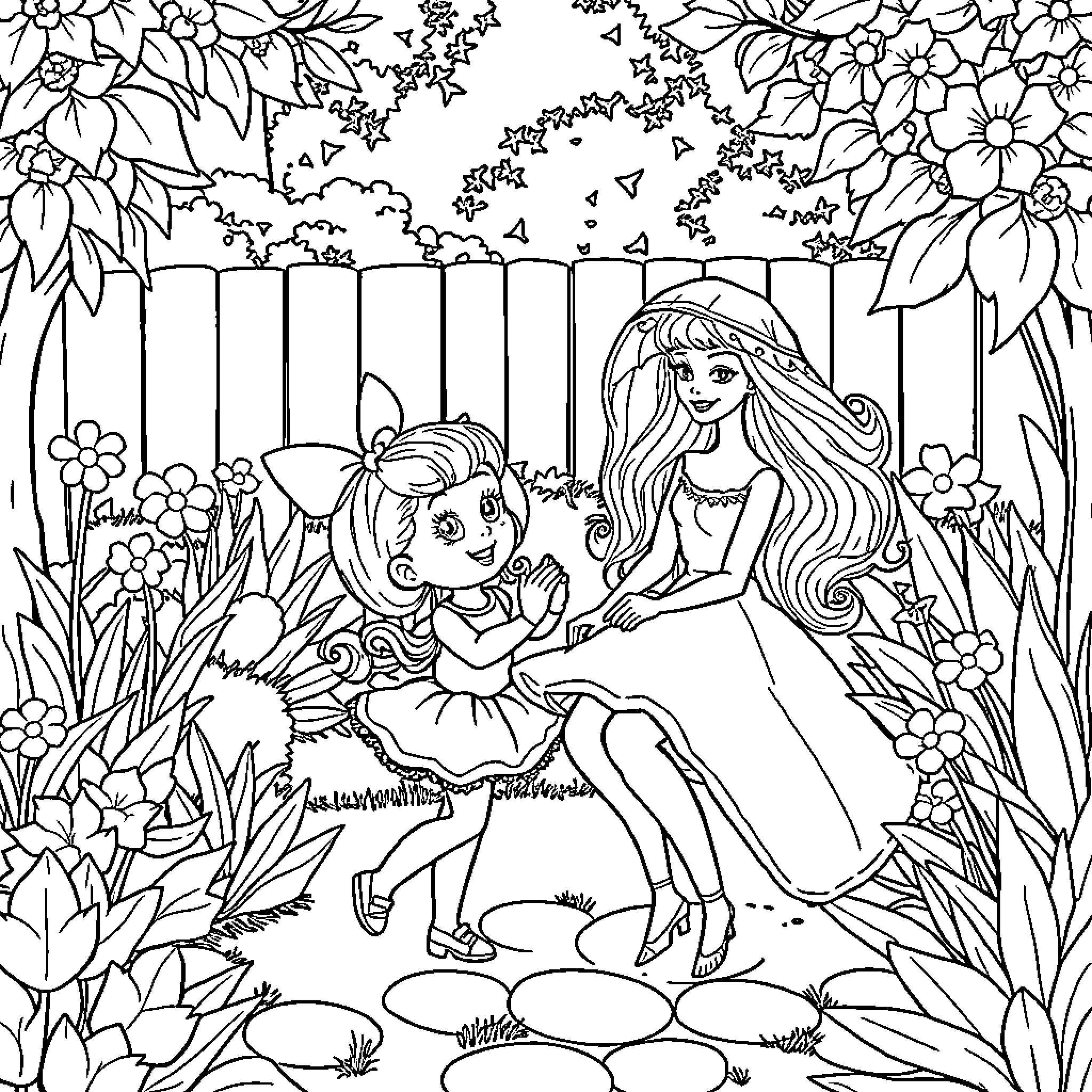 Ladybug playing with a young girl in the garden Coloring Page (free black-and-white line drawing printable PDF for all, from beginners to advanced learners, including children, teens, adults, and seniors)