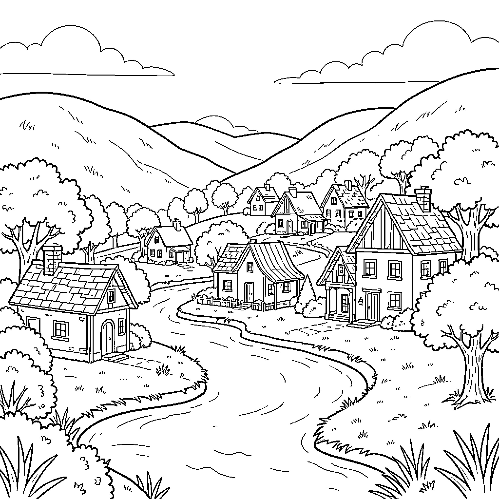 Ivantill peaceful village nestled in a valley with a river Coloring Page (free black-and-white line drawing printable PDF for all, from beginners to advanced learners, including children, teens, adults, and seniors)