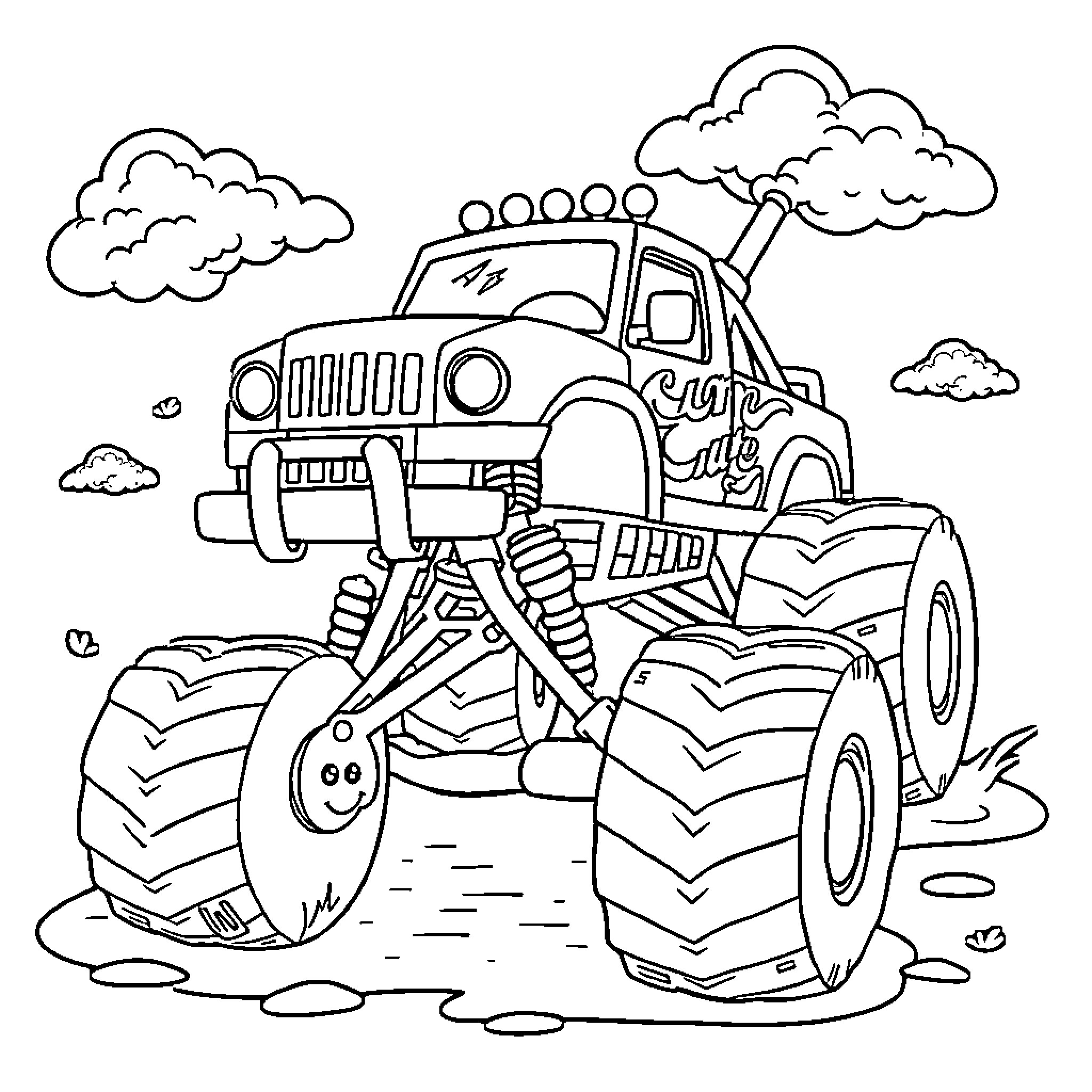 Monster Truck Crushing Through Muddy Terrain Coloring Page (free black-and-white line drawing printable PDF for all, from beginners to advanced learners, including children, teens, adults, and seniors)