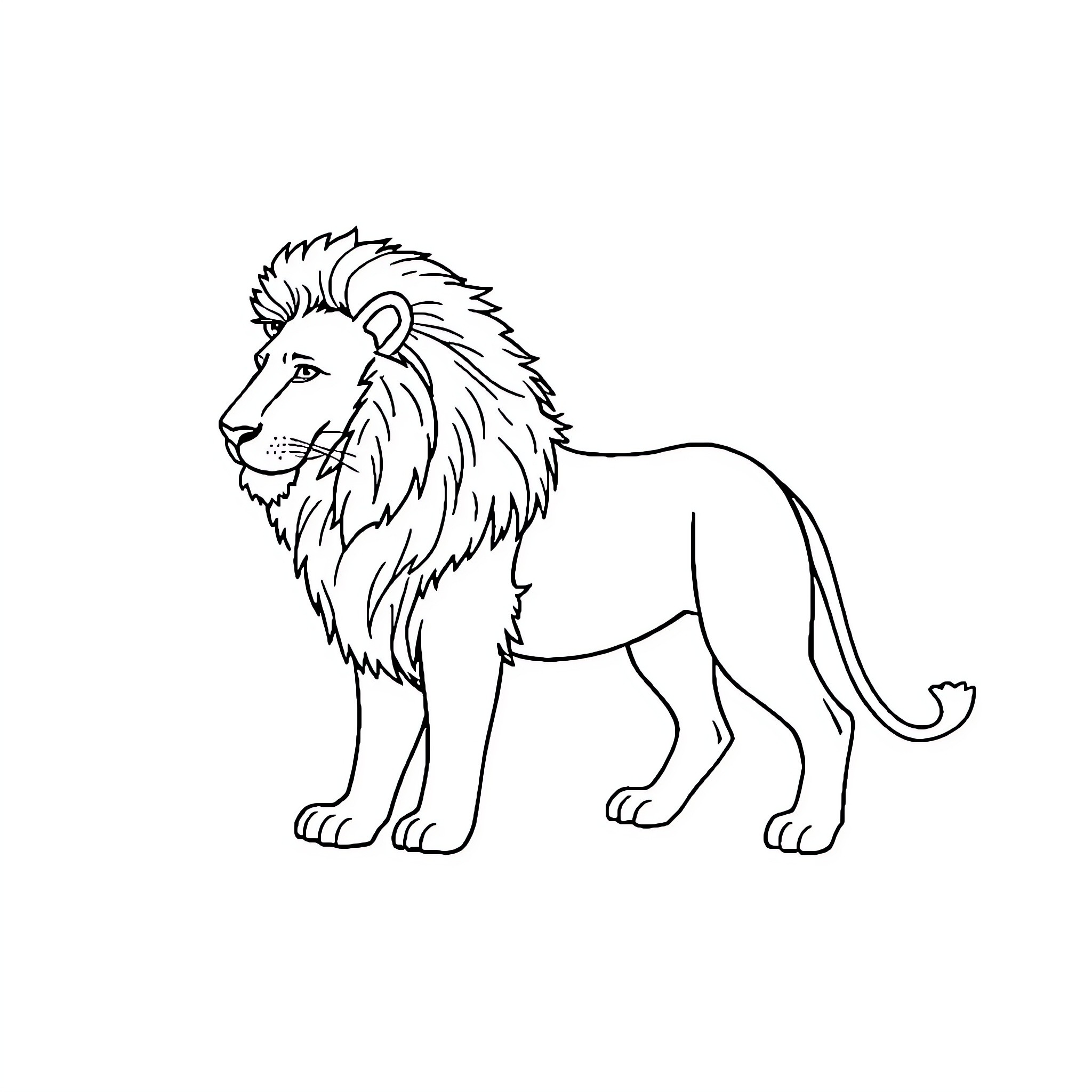 Lion standing proudly in the wild Coloring Page (free black-and-white line drawing printable PDF for all, from beginners to advanced learners, including children, teens, adults, and seniors)