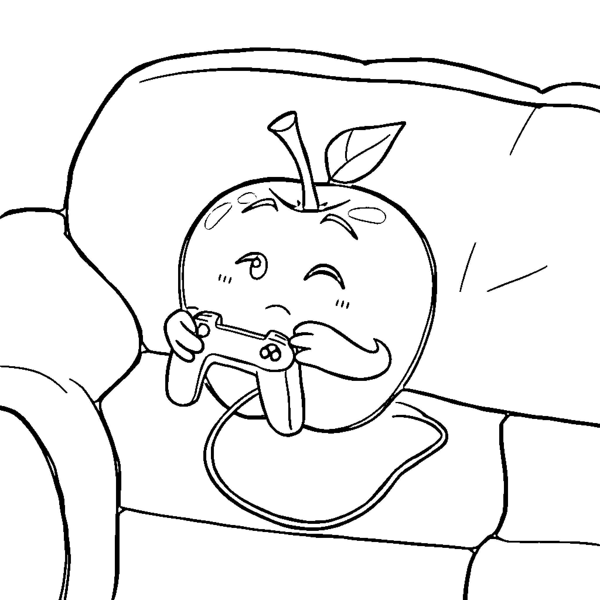 Apple playing a video game Coloring Page (free black-and-white line drawing printable PDF for all, from beginners to advanced learners, including children, teens, adults, and seniors)