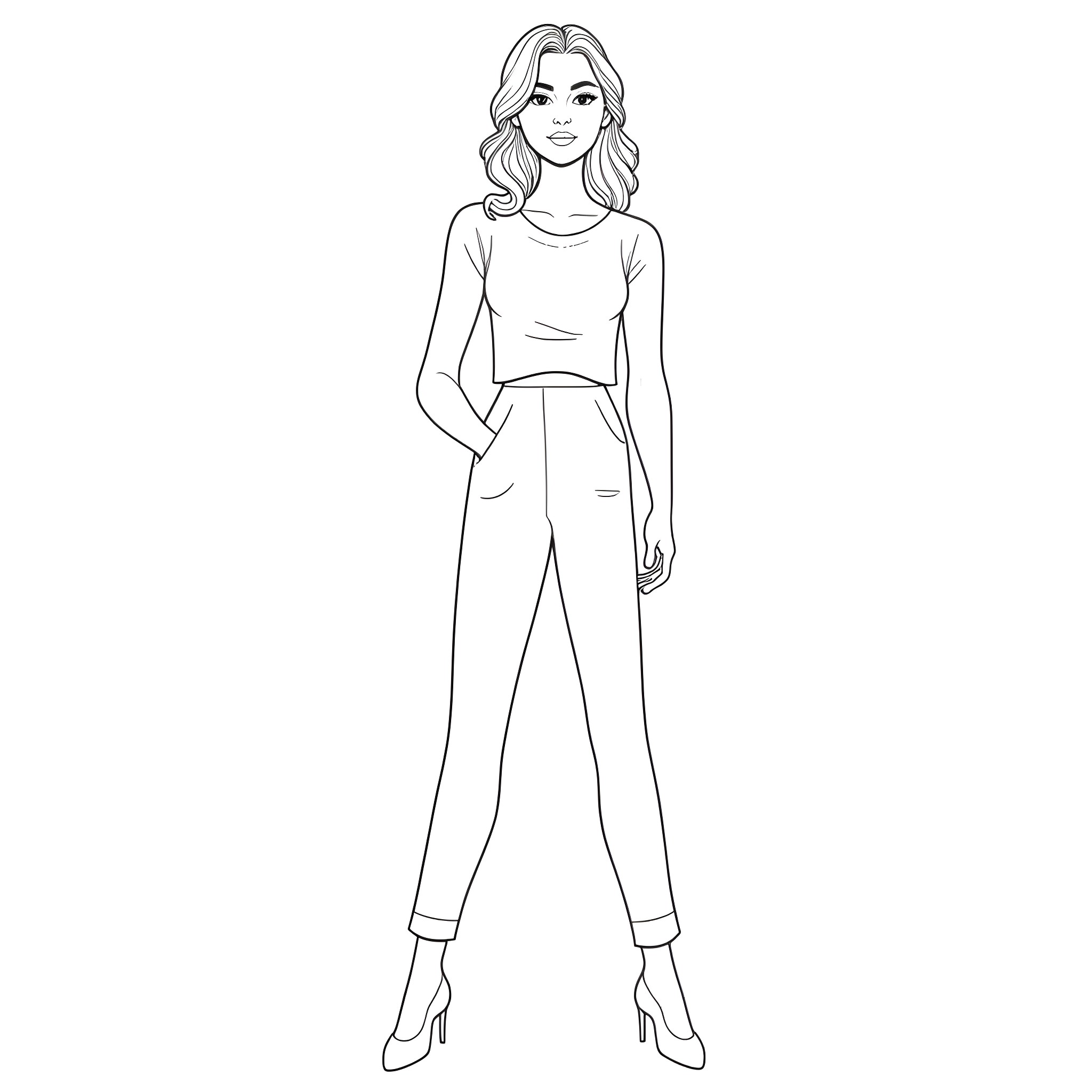 Woman posing confidently in stylish outfit Coloring Page (free black-and-white line drawing printable PDF for all, from beginners to advanced learners, including children, teens, adults, and seniors)