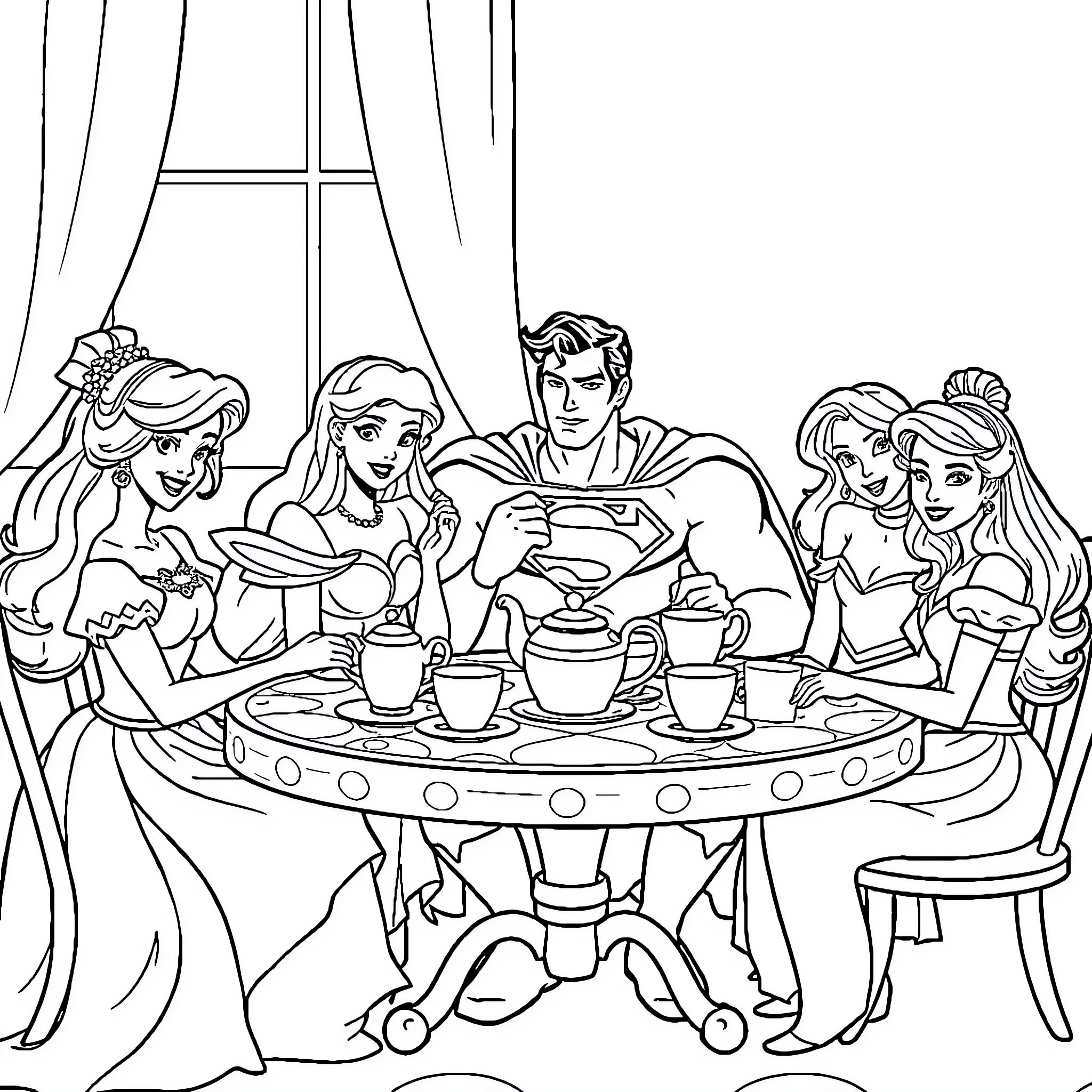 Superman and princesses enjoying a tea party Coloring Page (free black-and-white line drawing printable PDF for all, from beginners to advanced learners, including children, teens, adults, and seniors)
