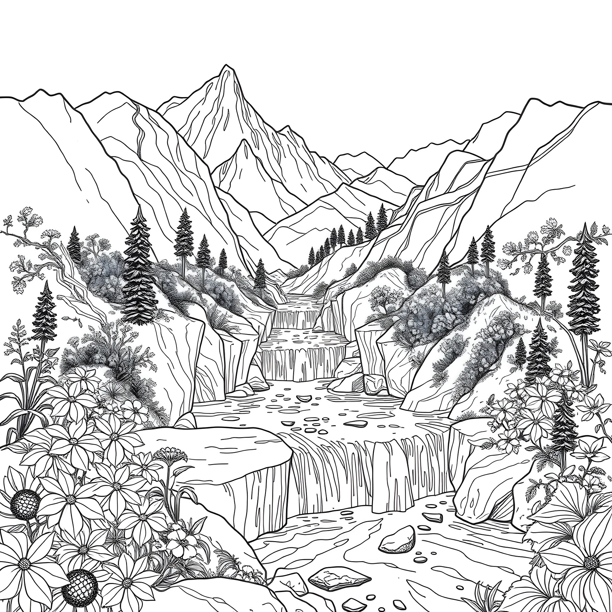 River flowing through the majestic mountain landscape Coloring Page (free black-and-white line drawing printable PDF for all, from beginners to advanced learners, including children, teens, adults, and seniors)