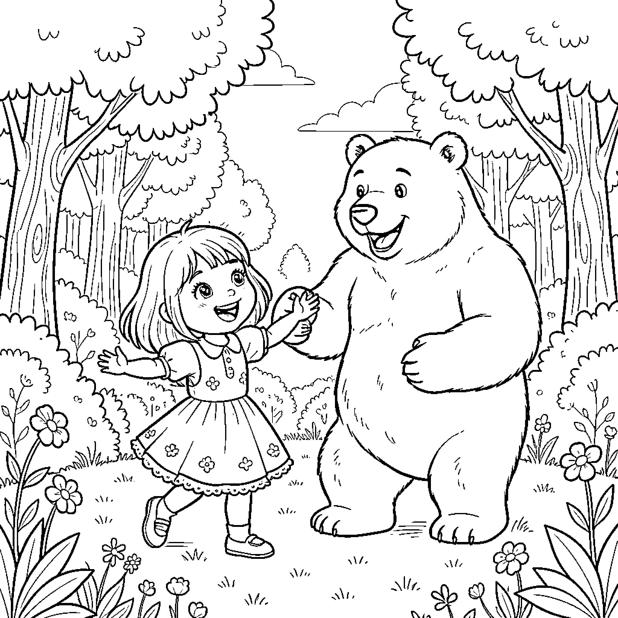 Masha and Bear playing together in the forest Coloring Page (free black-and-white line drawing printable PDF for all, from beginners to advanced learners, including children, teens, adults, and seniors)