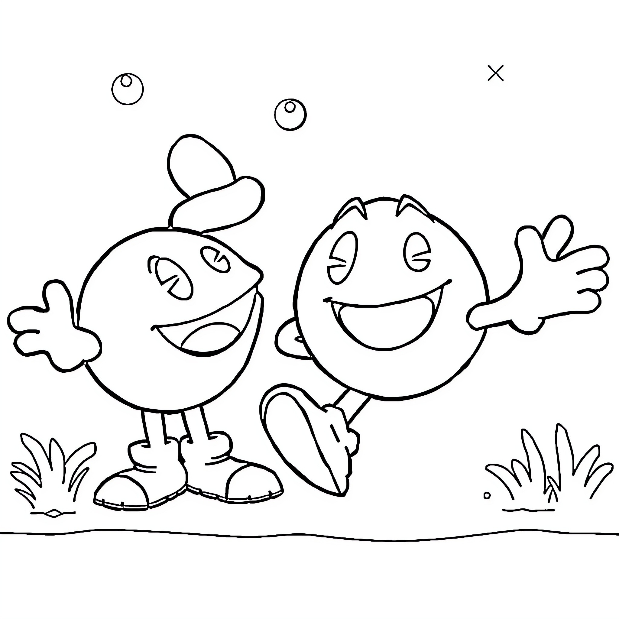 Pacman characters having fun in the outdoors Coloring Page (free black-and-white line drawing printable PDF for all, from beginners to advanced learners, including children, teens, adults, and seniors)