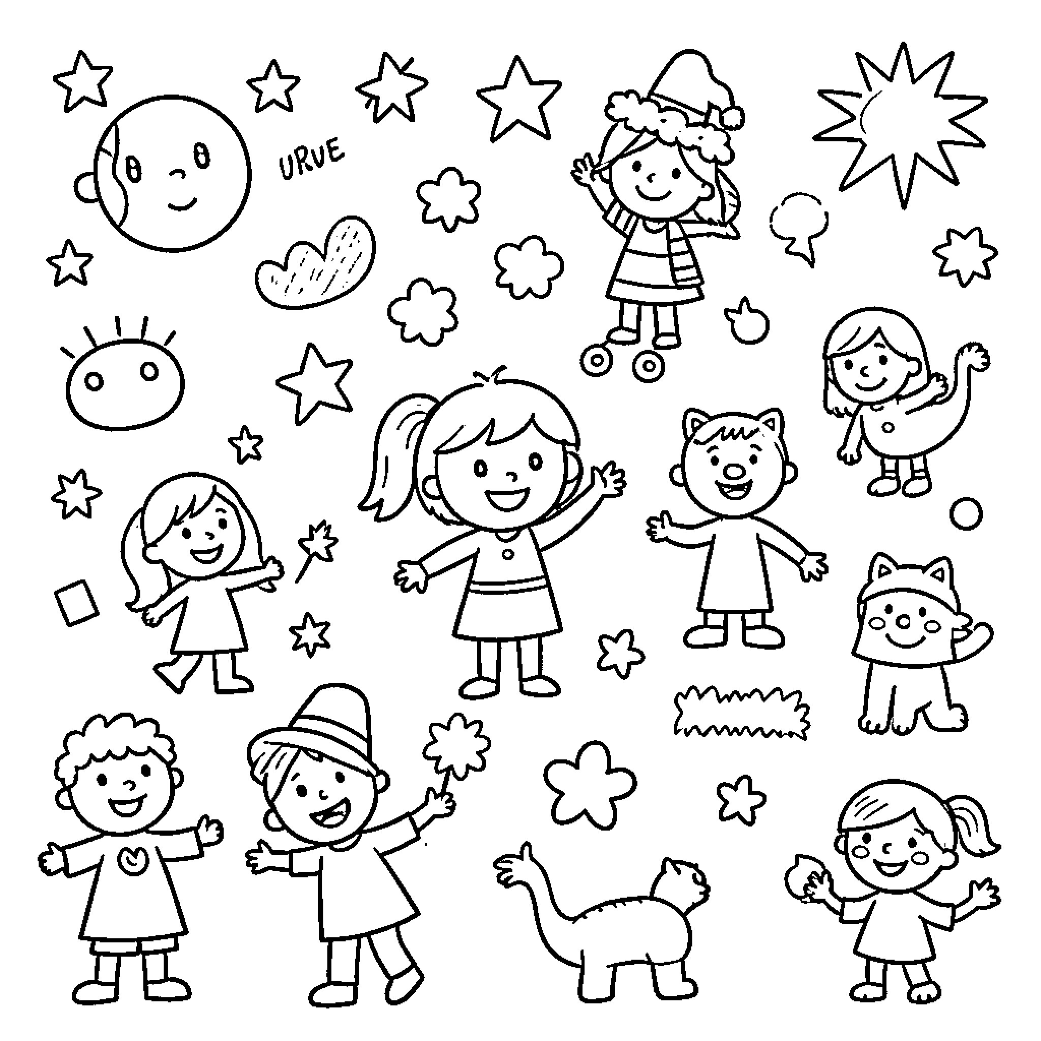 Child playing happily among stars and whimsical characters Coloring Page (free black-and-white line drawing printable PDF for all, from beginners to advanced learners, including children, teens, adults, and seniors)
