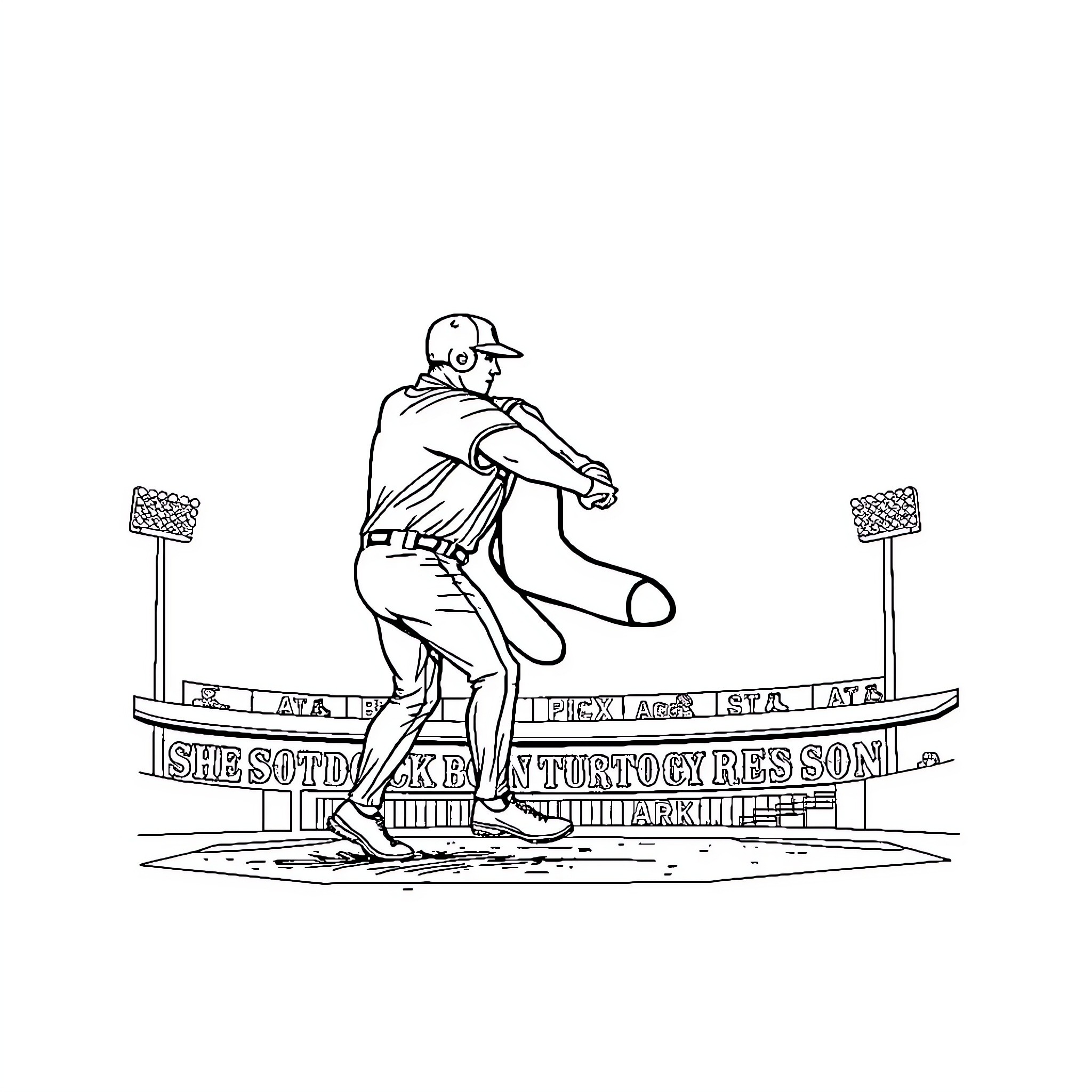 Red Sox player batting on the field Coloring Page (free black-and-white line drawing printable PDF for all, from beginners to advanced learners, including children, teens, adults, and seniors)