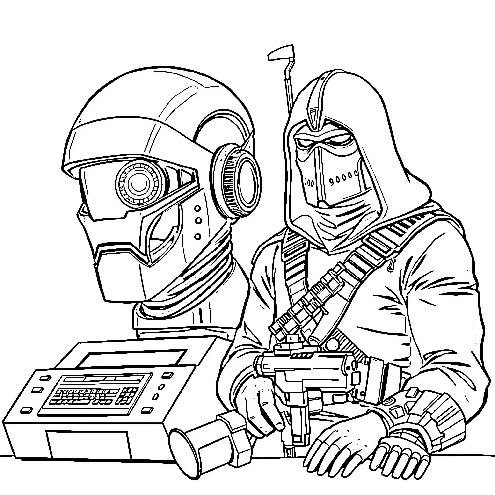 HAL 9000 robots in combat gear with advanced technology Coloring Page (free black-and-white line drawing printable PDF for all, from beginners to advanced learners, including children, teens, adults, and seniors)